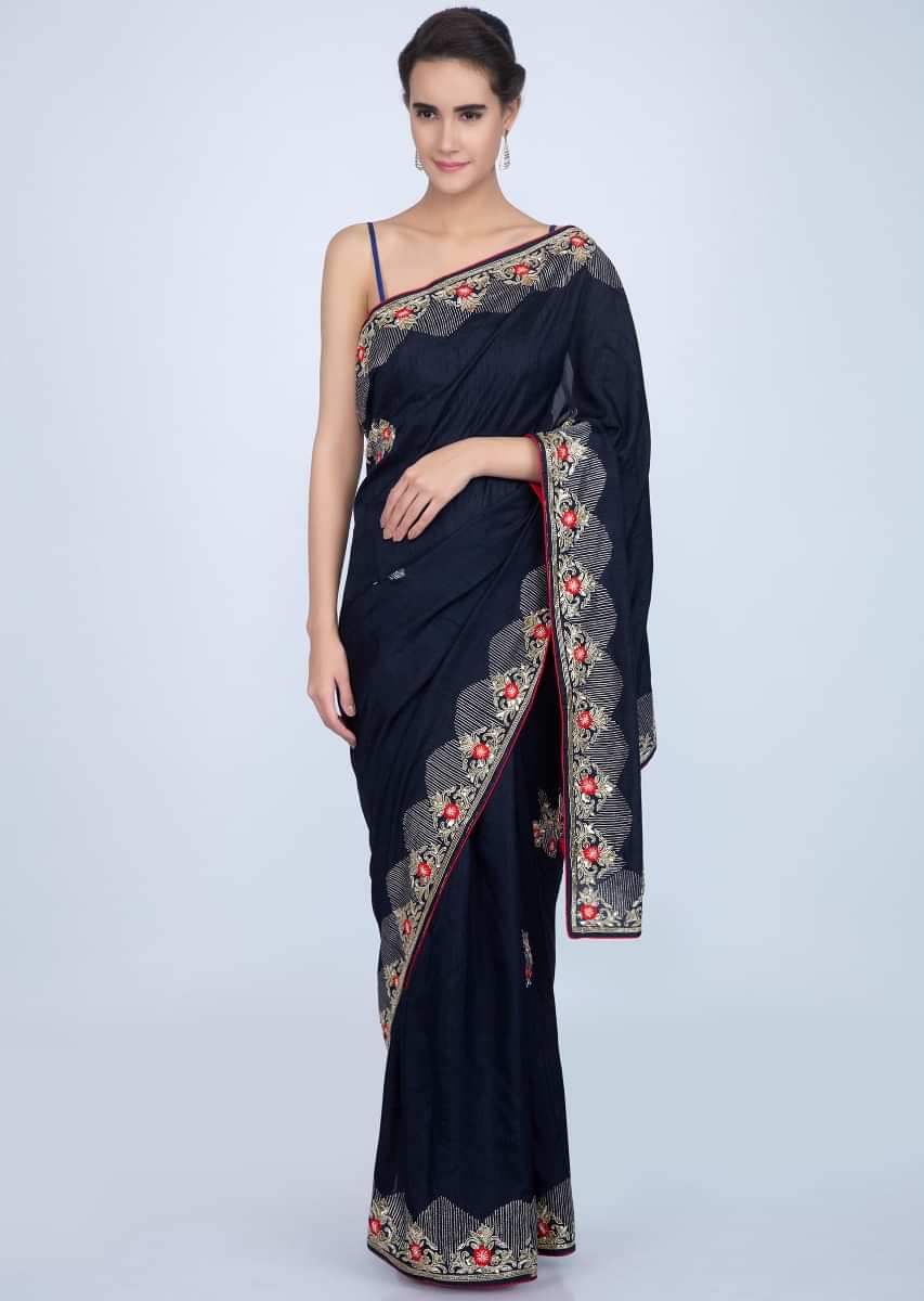 Navy blue silk saree with embroidery and butti only on Kalki
