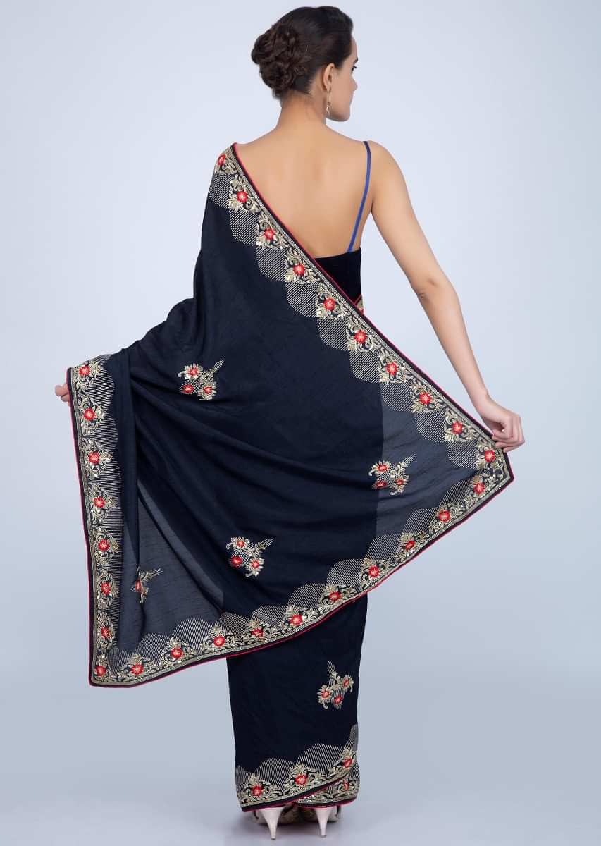 Navy blue silk saree with embroidery and butti only on Kalki