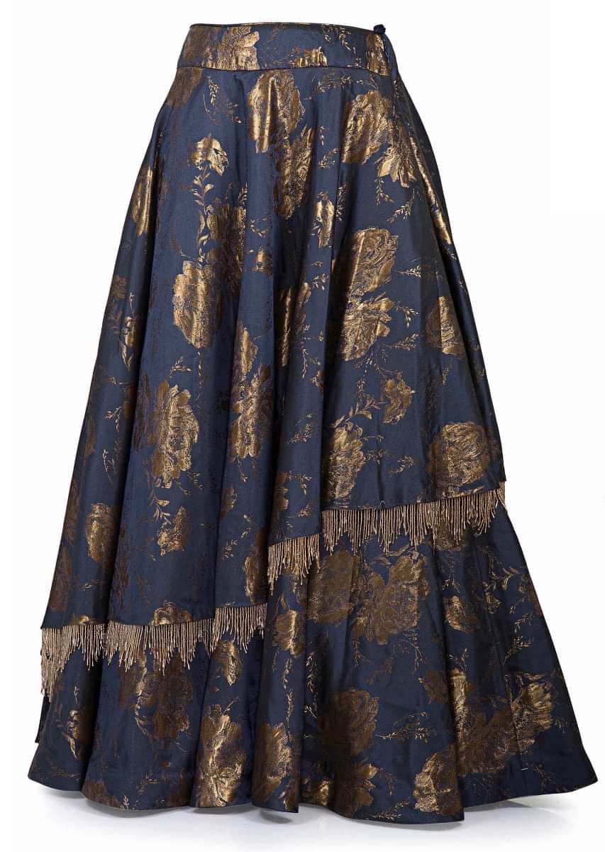 Navy Blue Silk Top, Dupatta and Skirt Featuring Foil Print, Embroidered Butti and Tassels only on Kalki