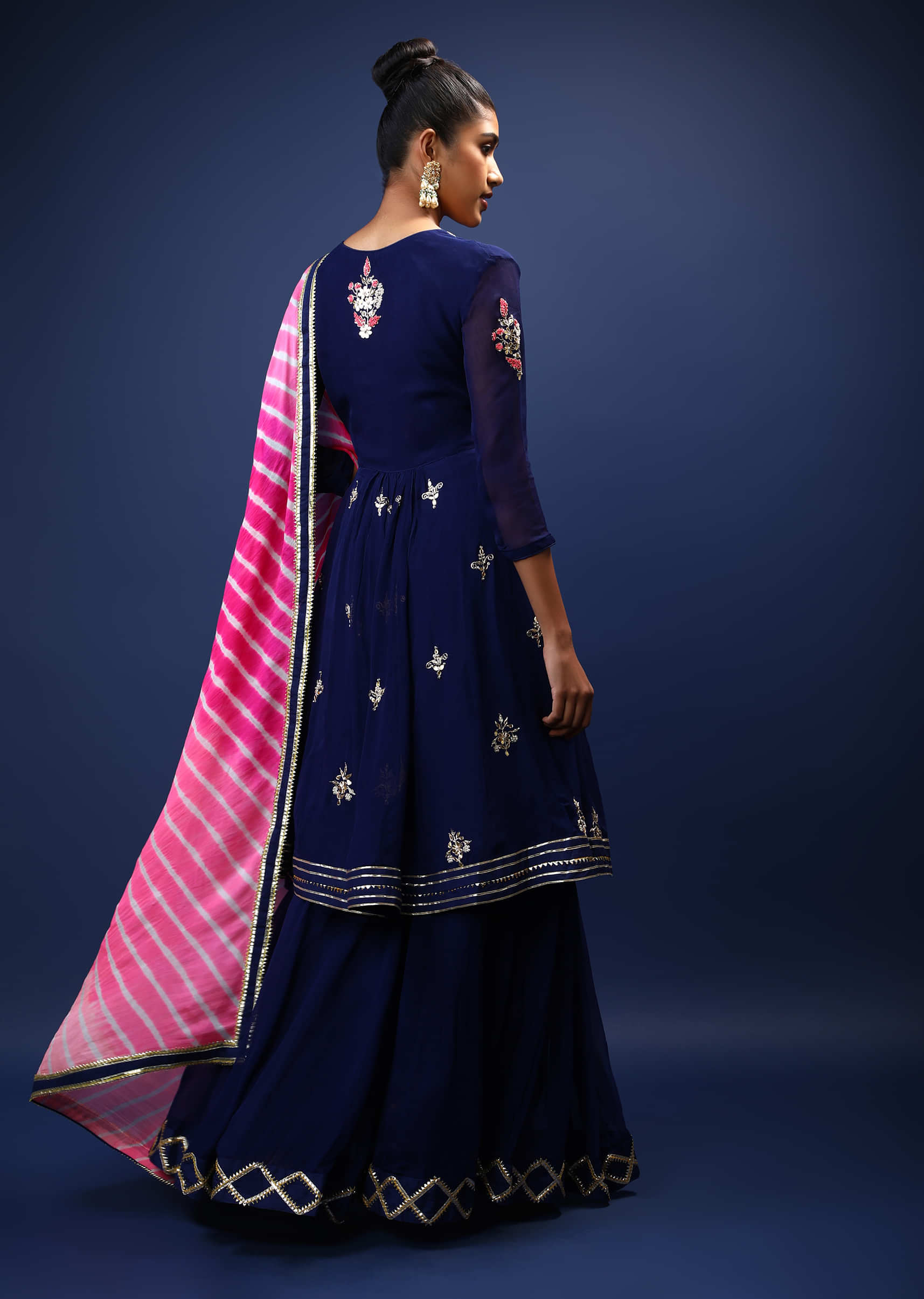 Navy Blue Skirt Suit With Pink Lehariya Printed Dupatta And A Flared Kurti With Gotta Patti And Zardosi Embroidered Floral Motifs  