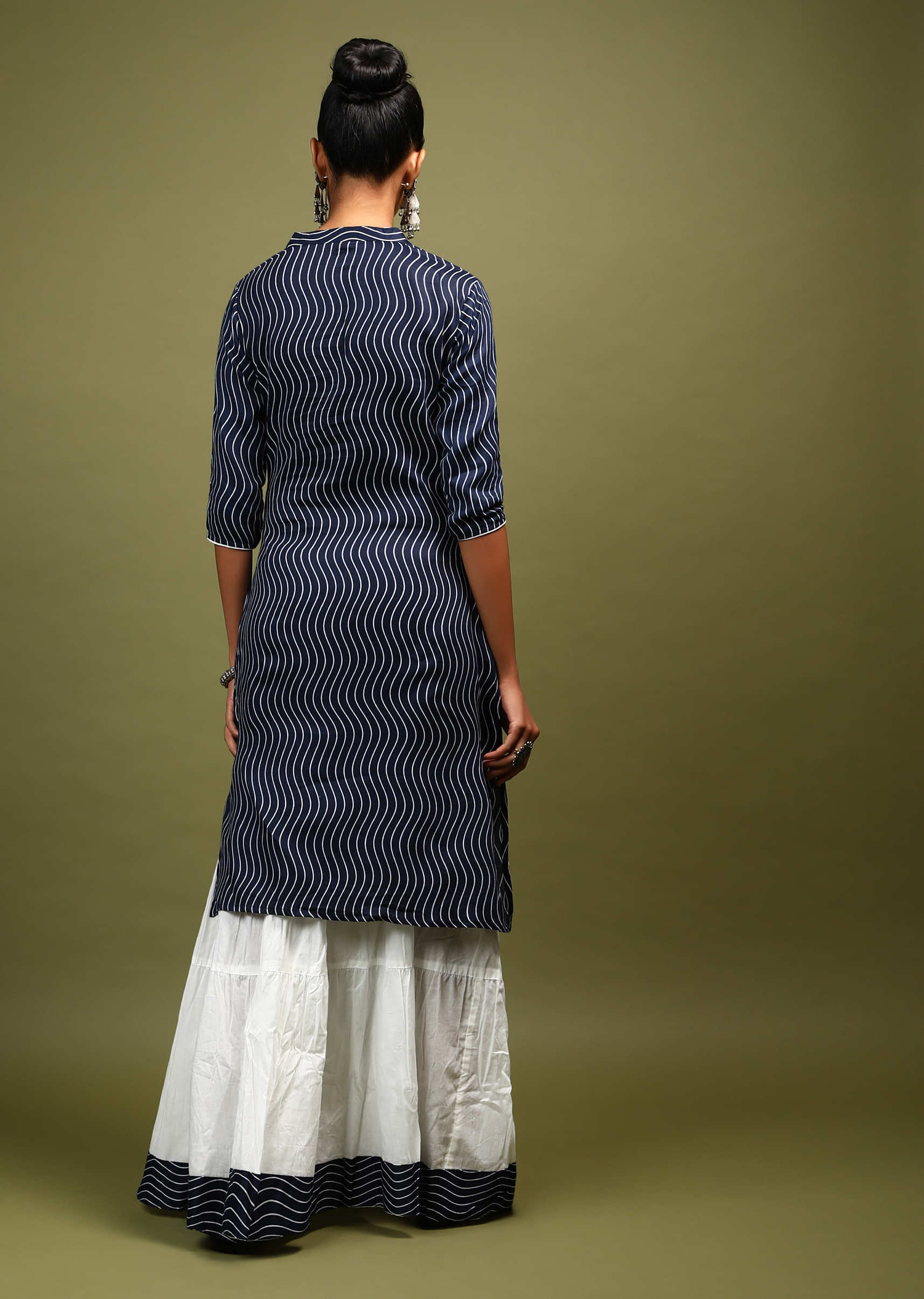 Navy Blue Straight Cut Kurta And Skirt Set In Cotton With Wave Print And Gotta Embroidery On The Neckline 