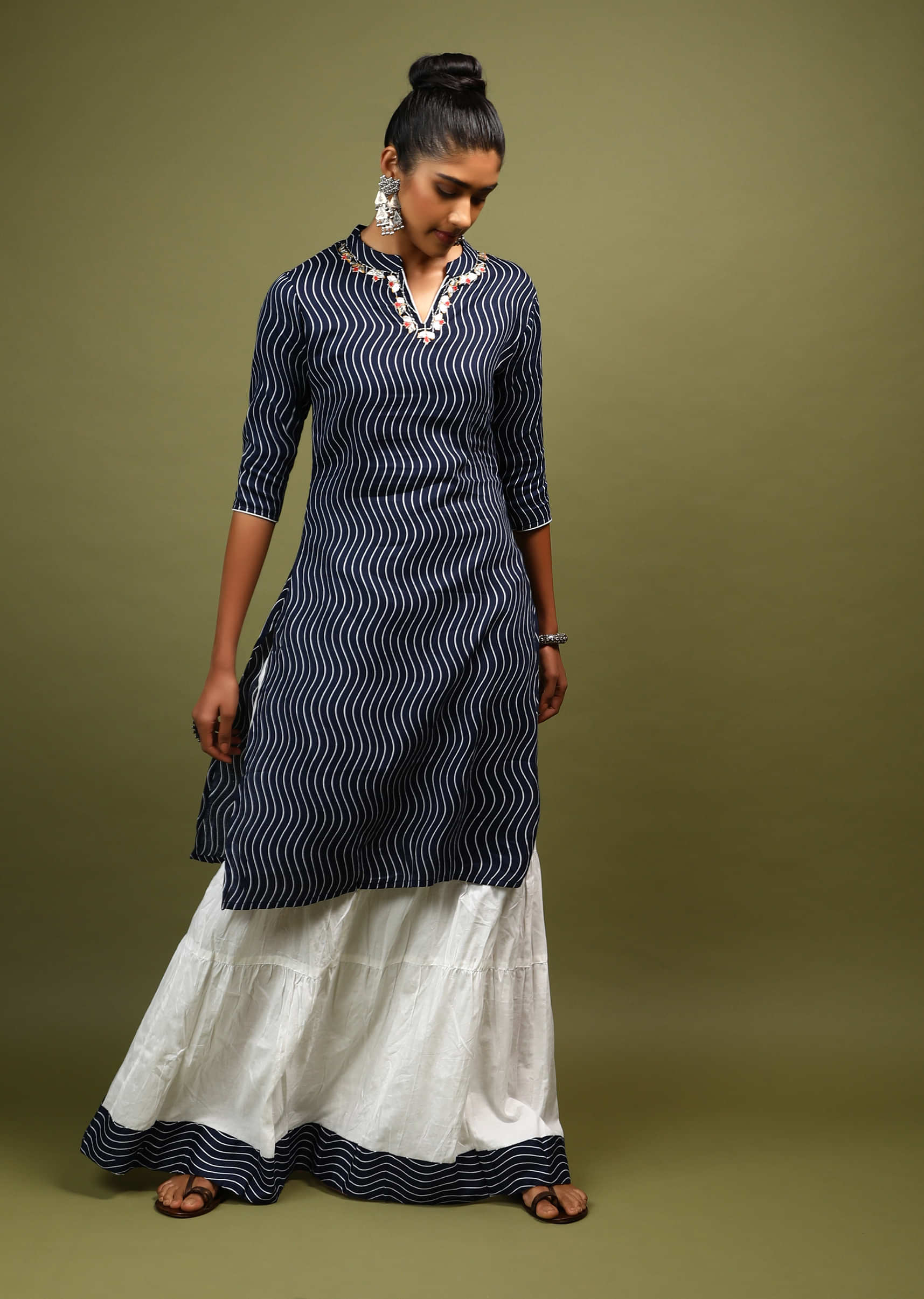 Navy Blue Straight Cut Kurta And Skirt Set In Cotton With Wave Print And Gotta Embroidery On The Neckline 