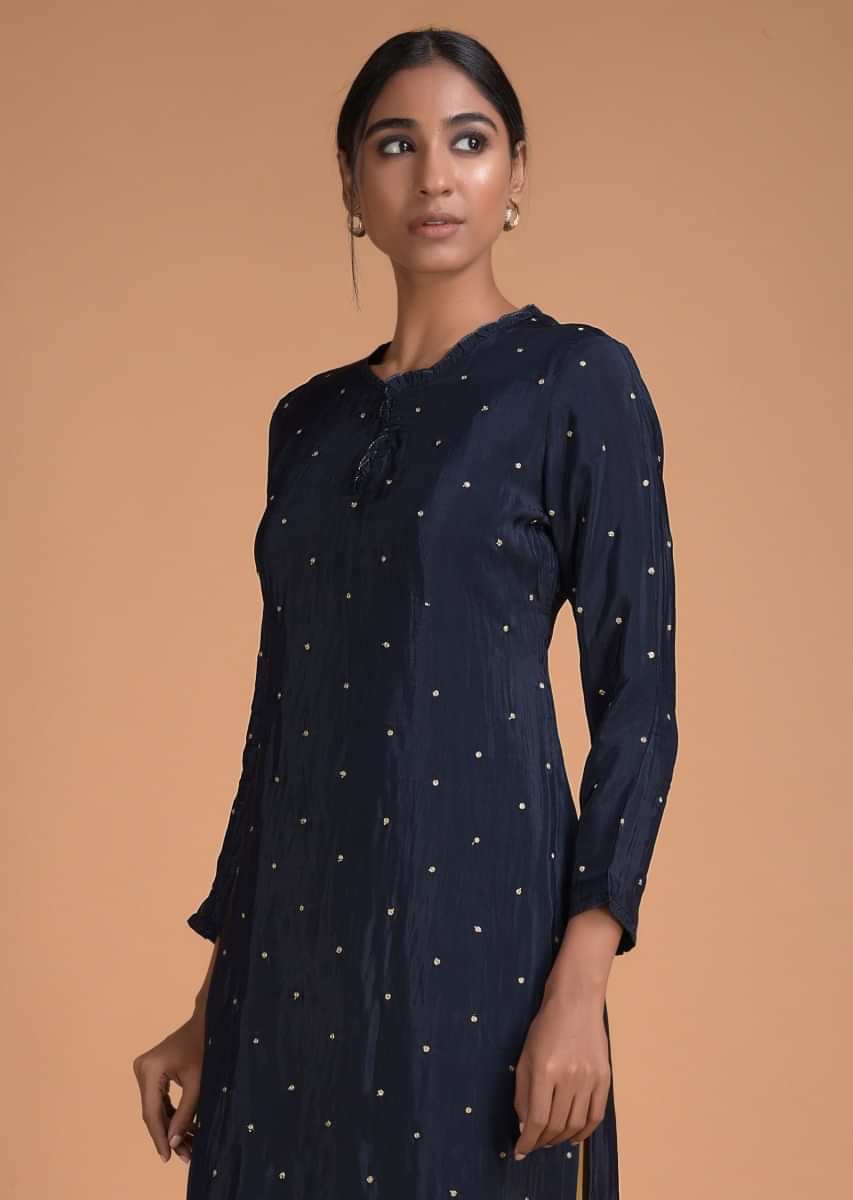 Buy Navy Blue Straight Cut Palazzo Suit With Zari Embroidered Buttis ...