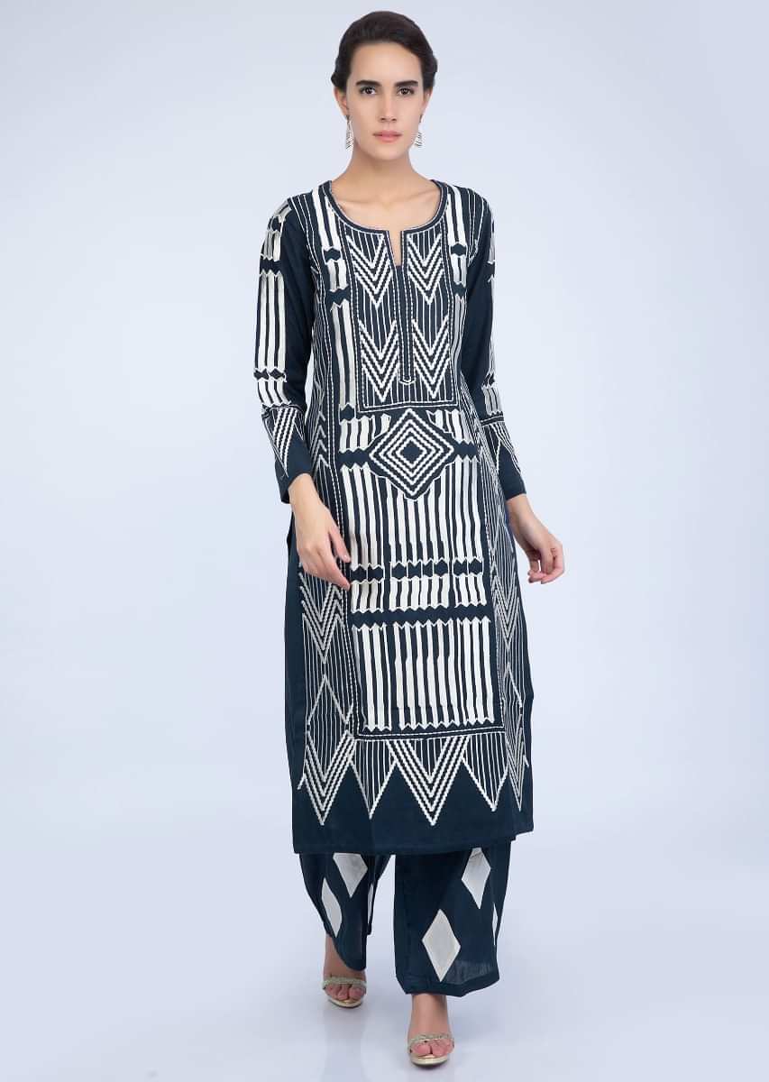 Navy Blue Suit And Pant With Resham Embroidery In Geometric Motif Online - Kalki Fashion