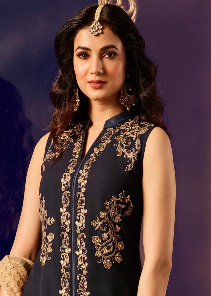 Navy Blue Suit In Georgette With Gotta Patch And Moti Work In Paisley Motif Online - Kalki Fashion