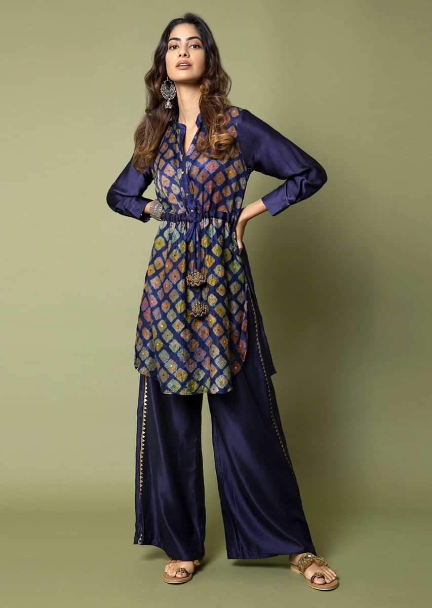 Navy Blue Tunic And Box Pleat Palazzo Set Featuring Water Color Effect Bandhani And Hand Embroidery  