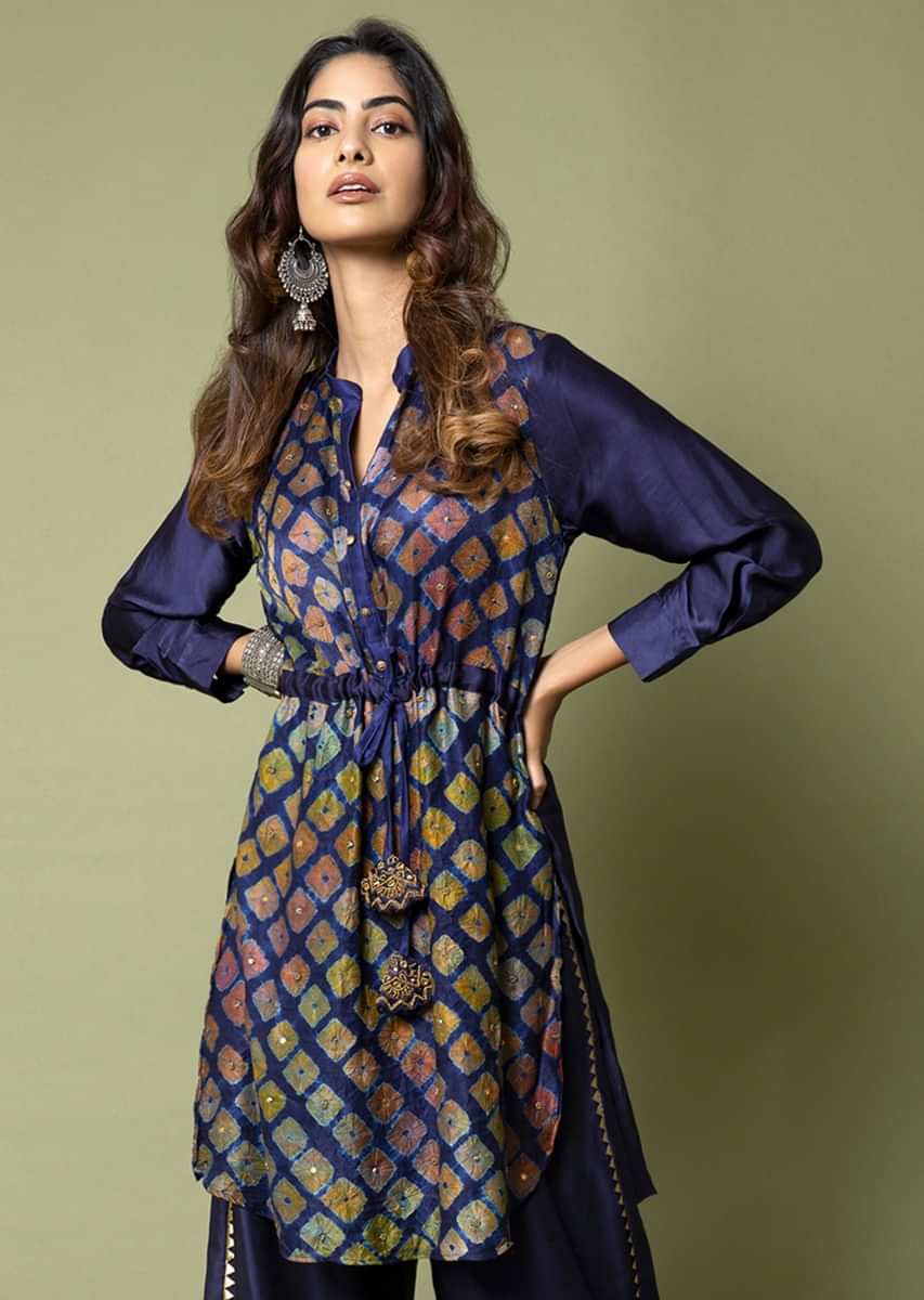 Navy Blue Tunic And Box Pleat Palazzo Set Featuring Water Color Effect Bandhani And Hand Embroidery  