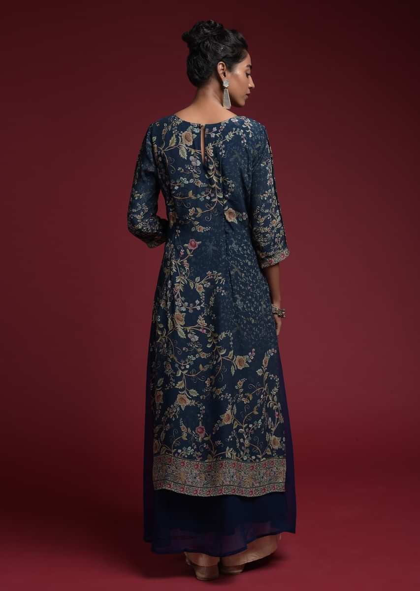 Navy Blue Tunic Dress In Georgette Crepe With Floral Print And Attached Underlayer 