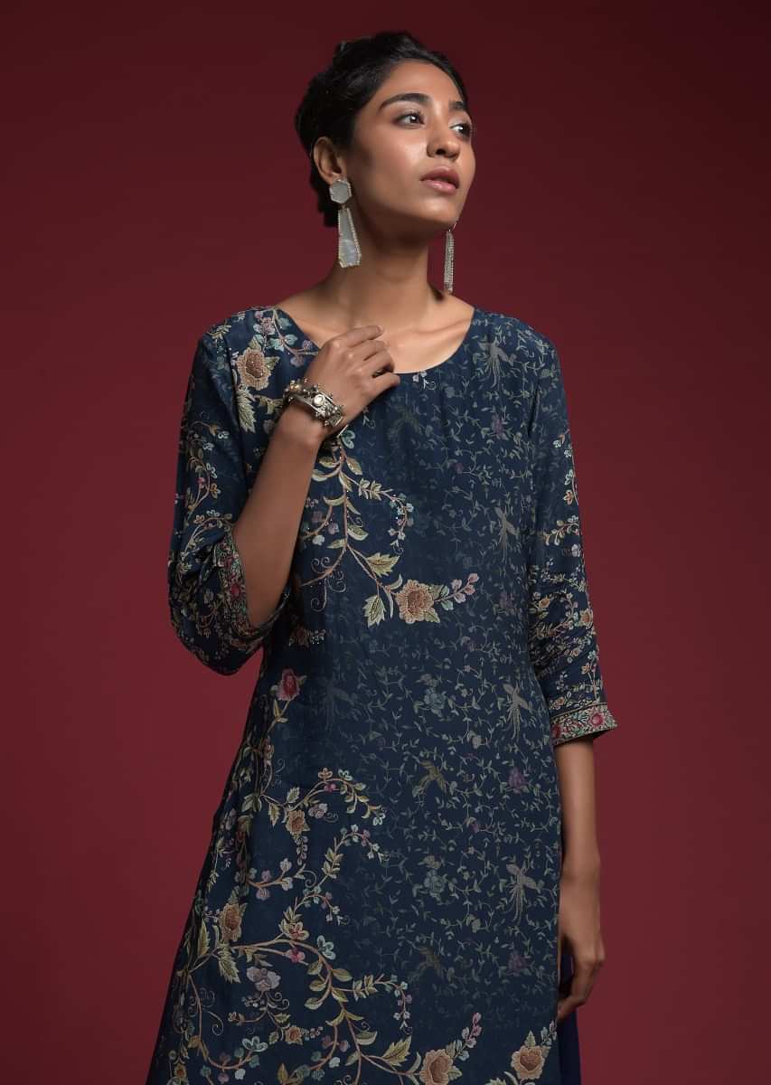 Navy Blue Tunic Dress In Georgette Crepe With Floral Print And Attached Underlayer 