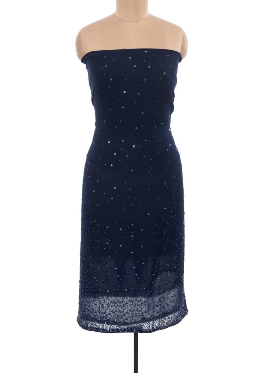 Navy blue unstitched sequins embroidered suit with matching chiffon dupatta only on Kalki