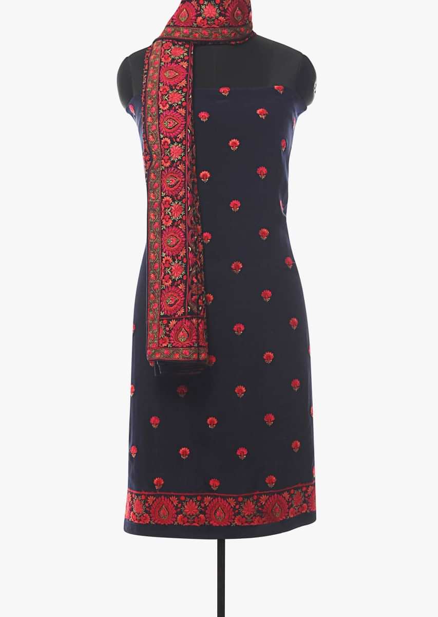 Navy blue unstitched suit matched with paisley and floral embroidered dupatta only on Kalki