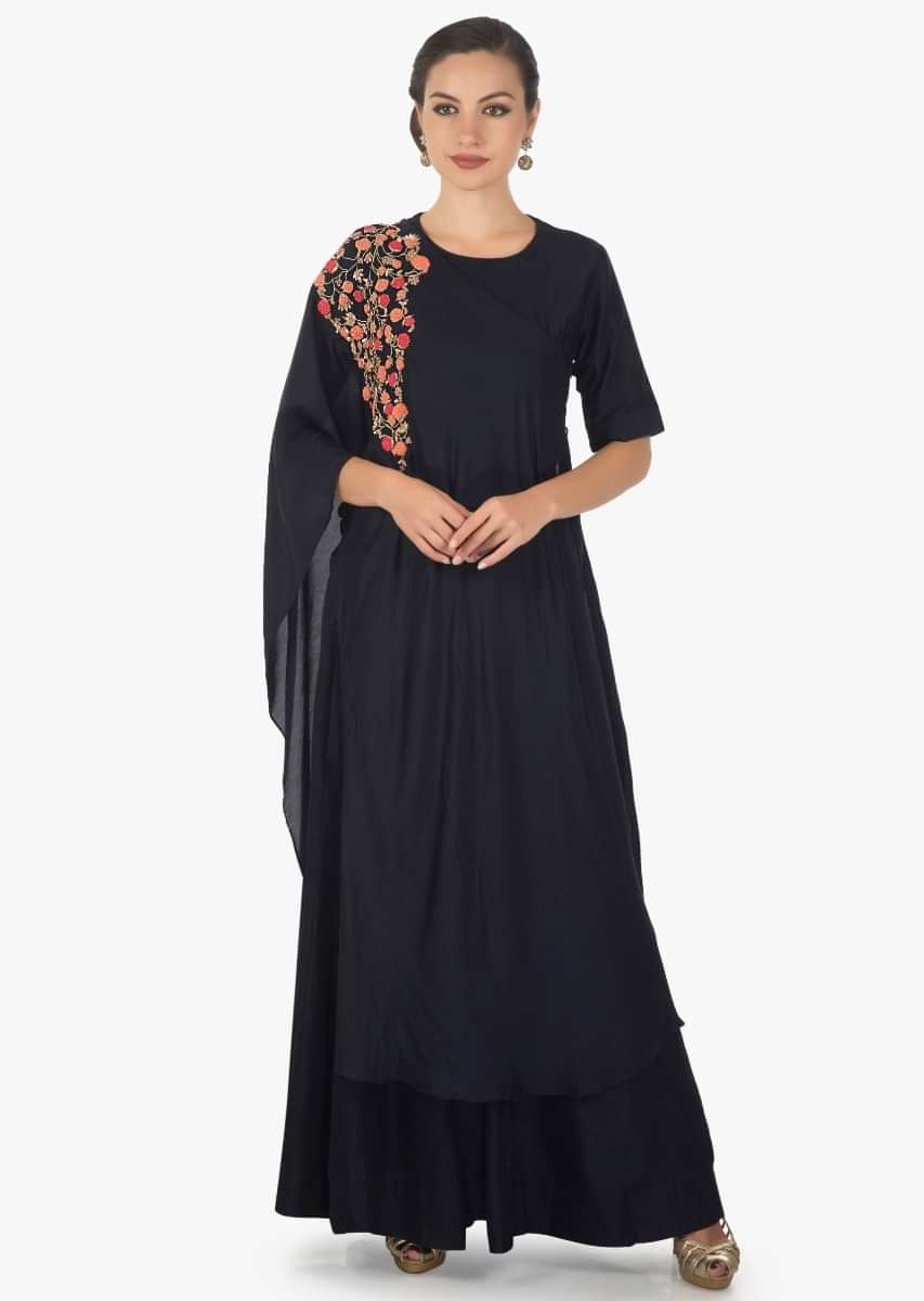 Navy blue anarkali dress matched with zardosi embroidered overlapping jacket
