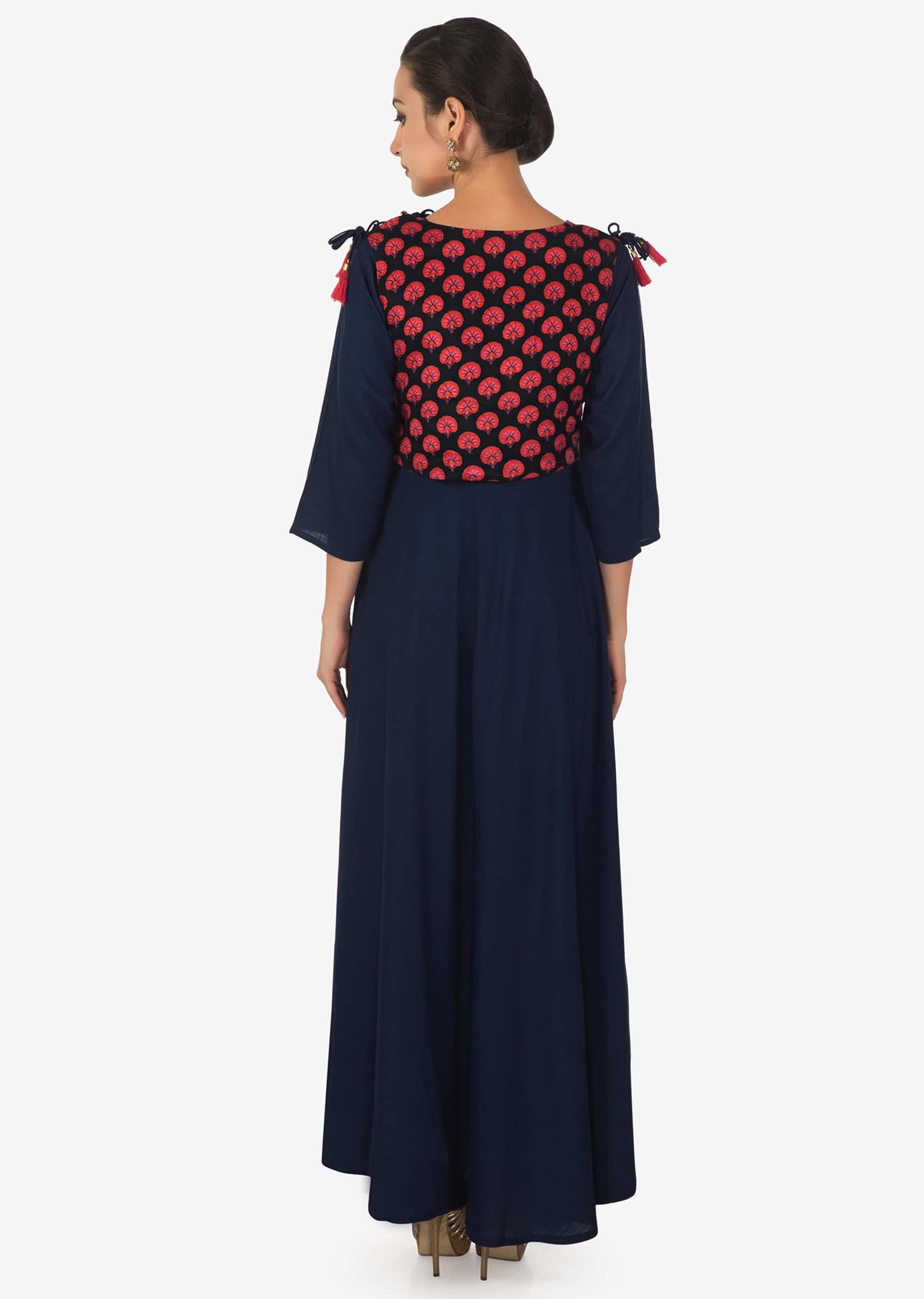 Navy blue long dress in cotton with navy blue printed top in fancy tassel only on Kalki