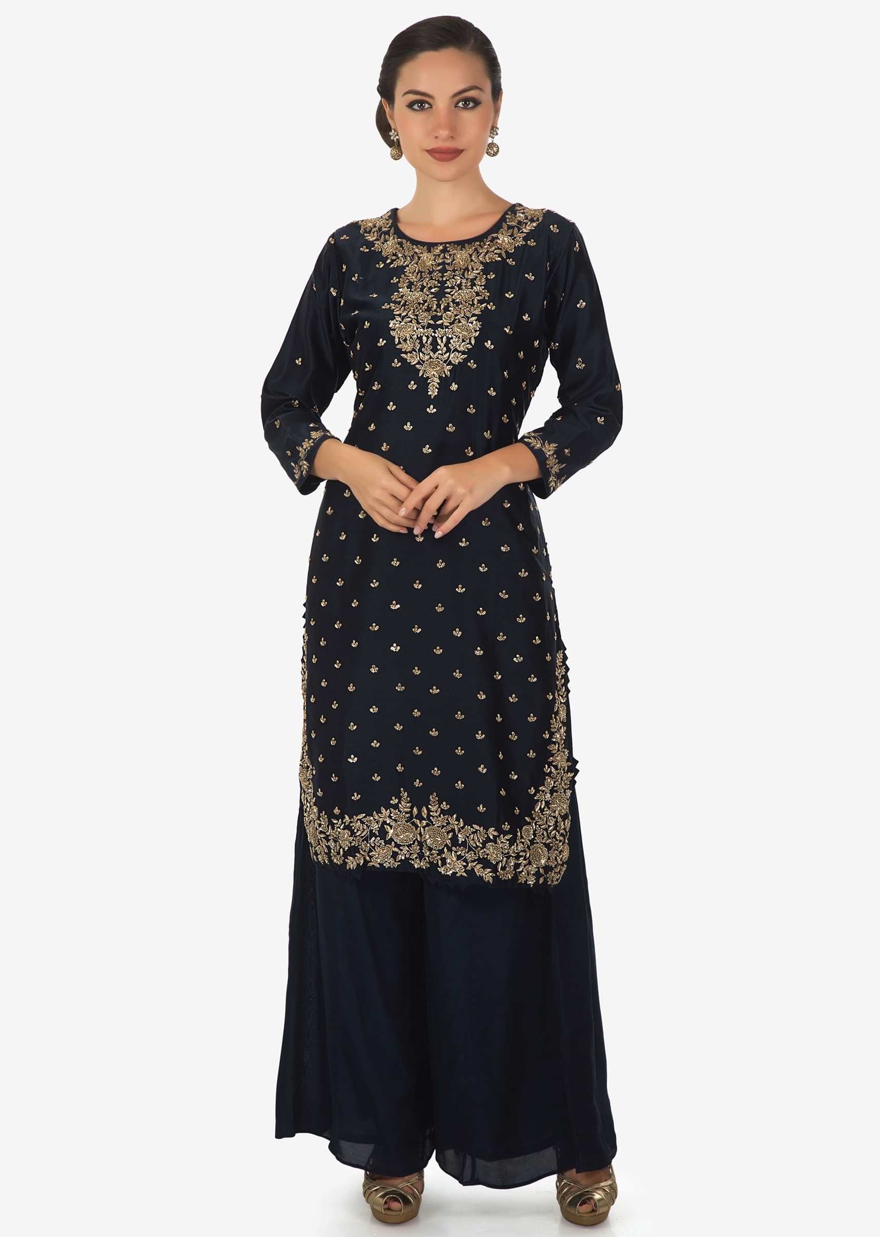 Navy blue straight palazzo suit adorn in zardosi and sequin  only on Kalki