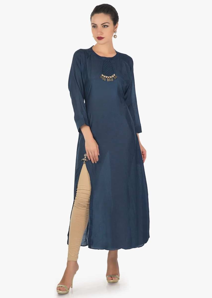 Navy blue A line kurti in cotton silk with pin tucks and fancy tassel only on Kalki