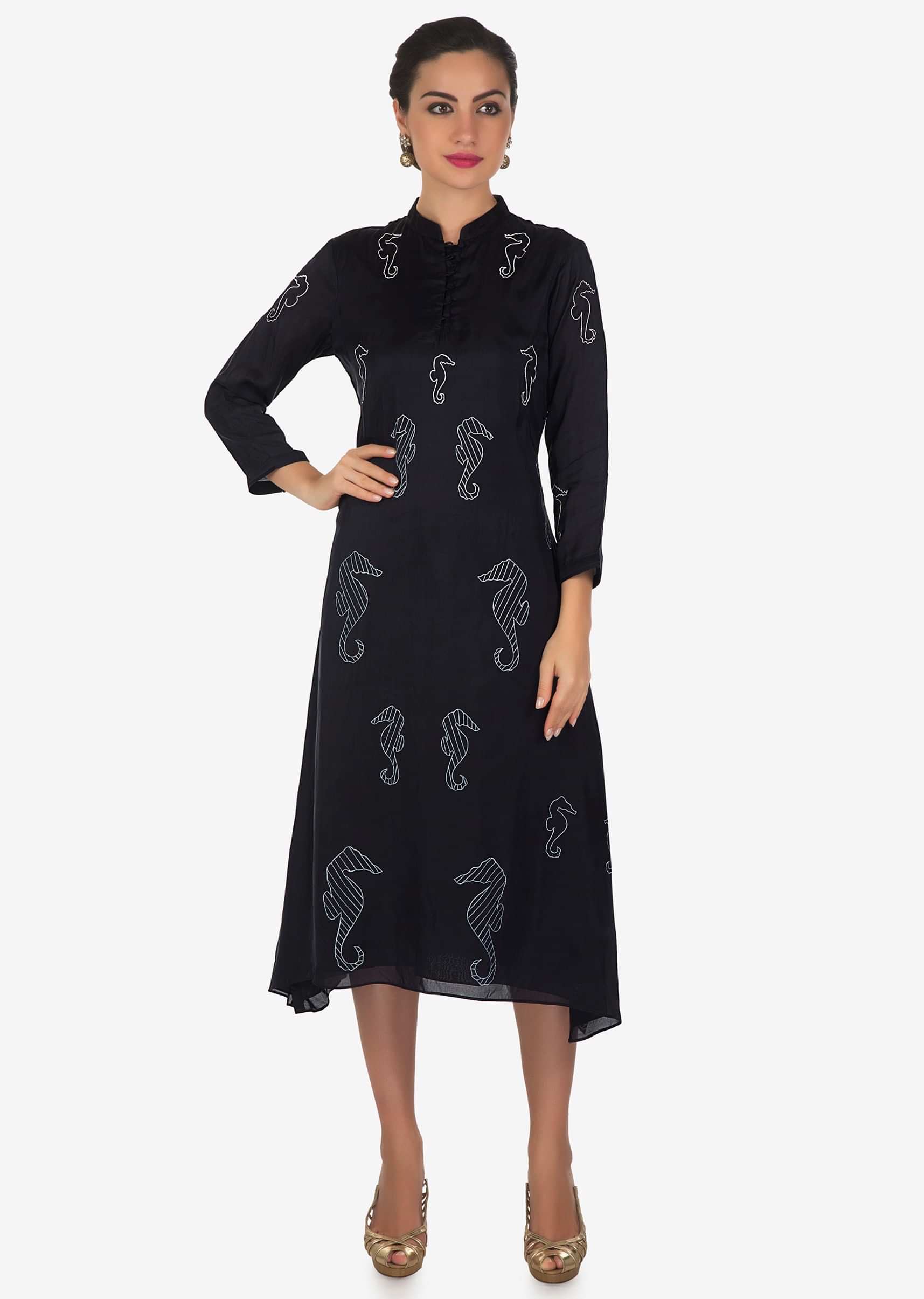 Navy blue A line kurti with sea horse motif print in white only on Kalki