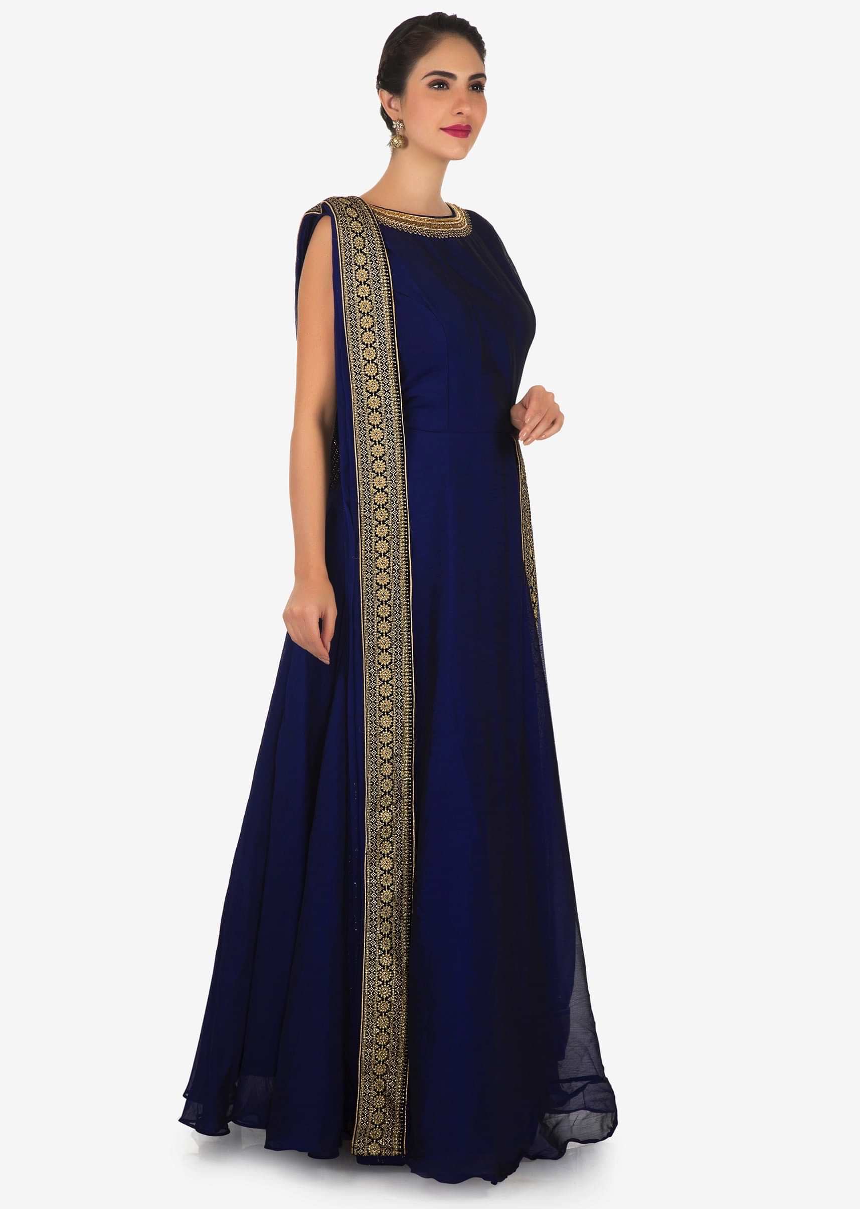 Navy blue anarkali suit in chiffon with attach kundan embroidered dupatta