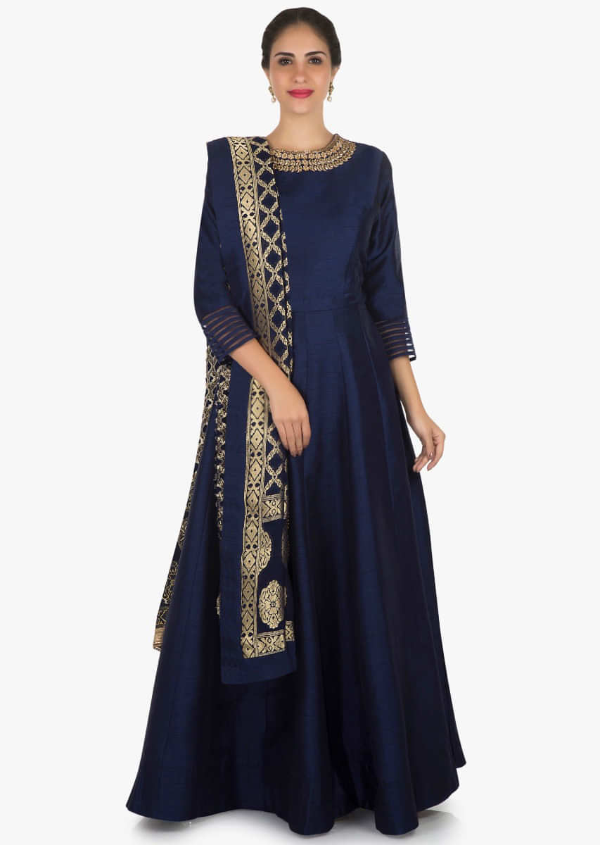 Navy Blue Anarkali Suit In Silk With A Banarasi Brocade Dupatta Adorned In Cutdana And Kundan Work