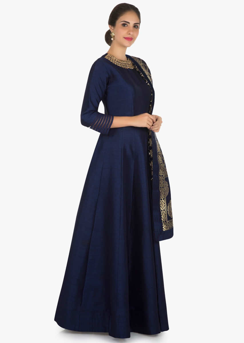 Navy Blue Anarkali Suit In Silk With A Banarasi Brocade Dupatta Adorned In Cutdana And Kundan Work