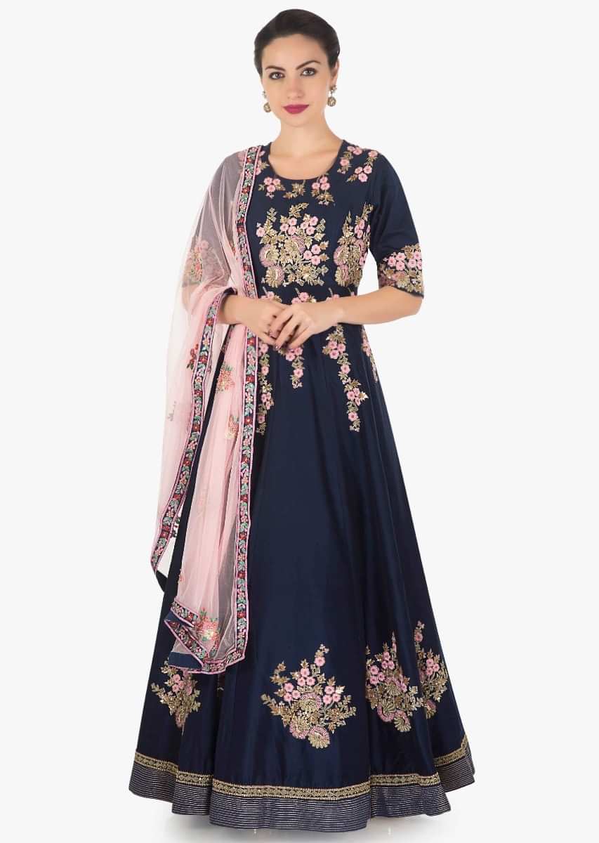 Navy blue anarkali suit in silk with pink resham and cut dana embroidery only on Kalki