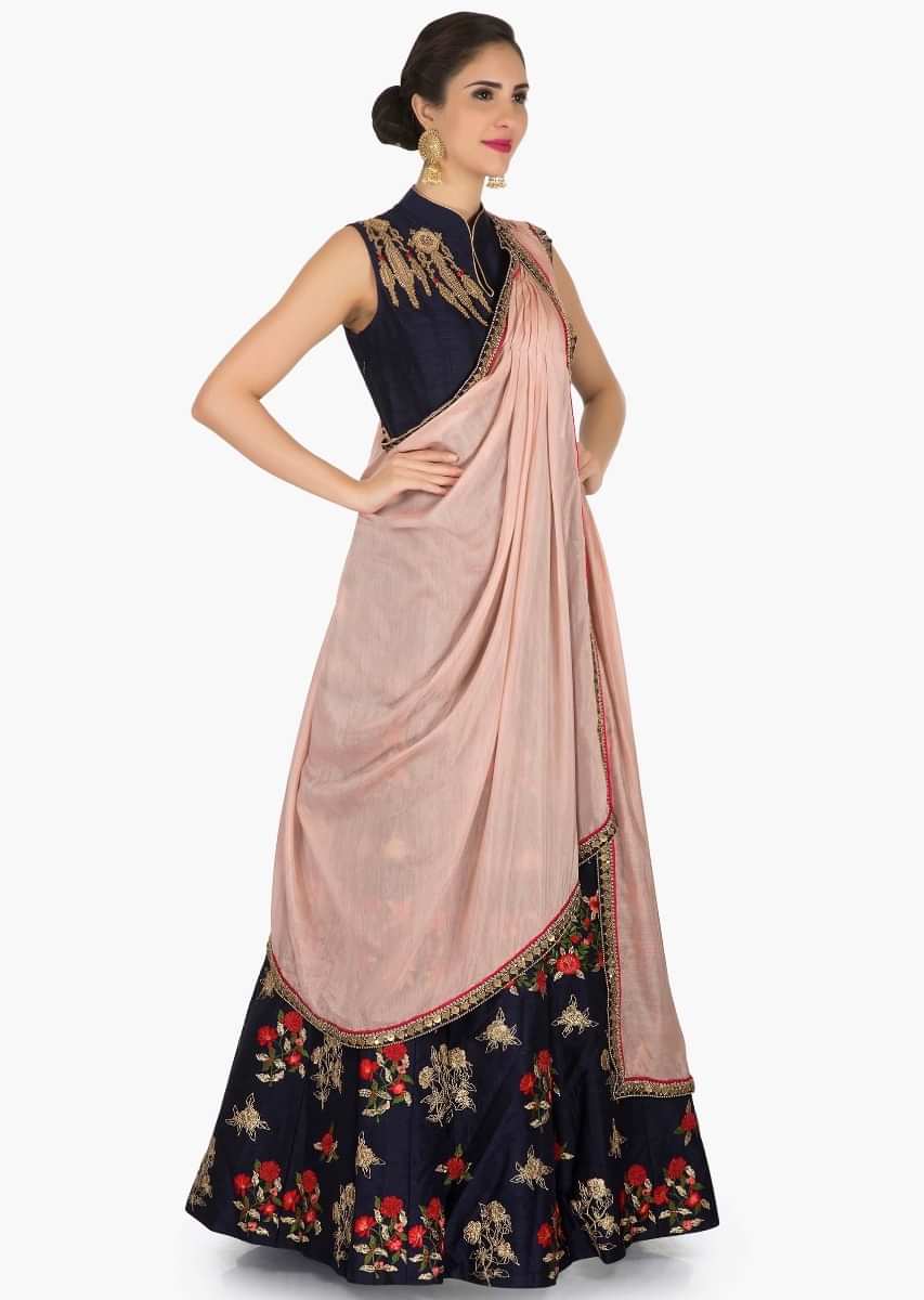 Navy blue anarkali suit with ready pleated pink dupatta adorn in resham embroidery work only on Kalki