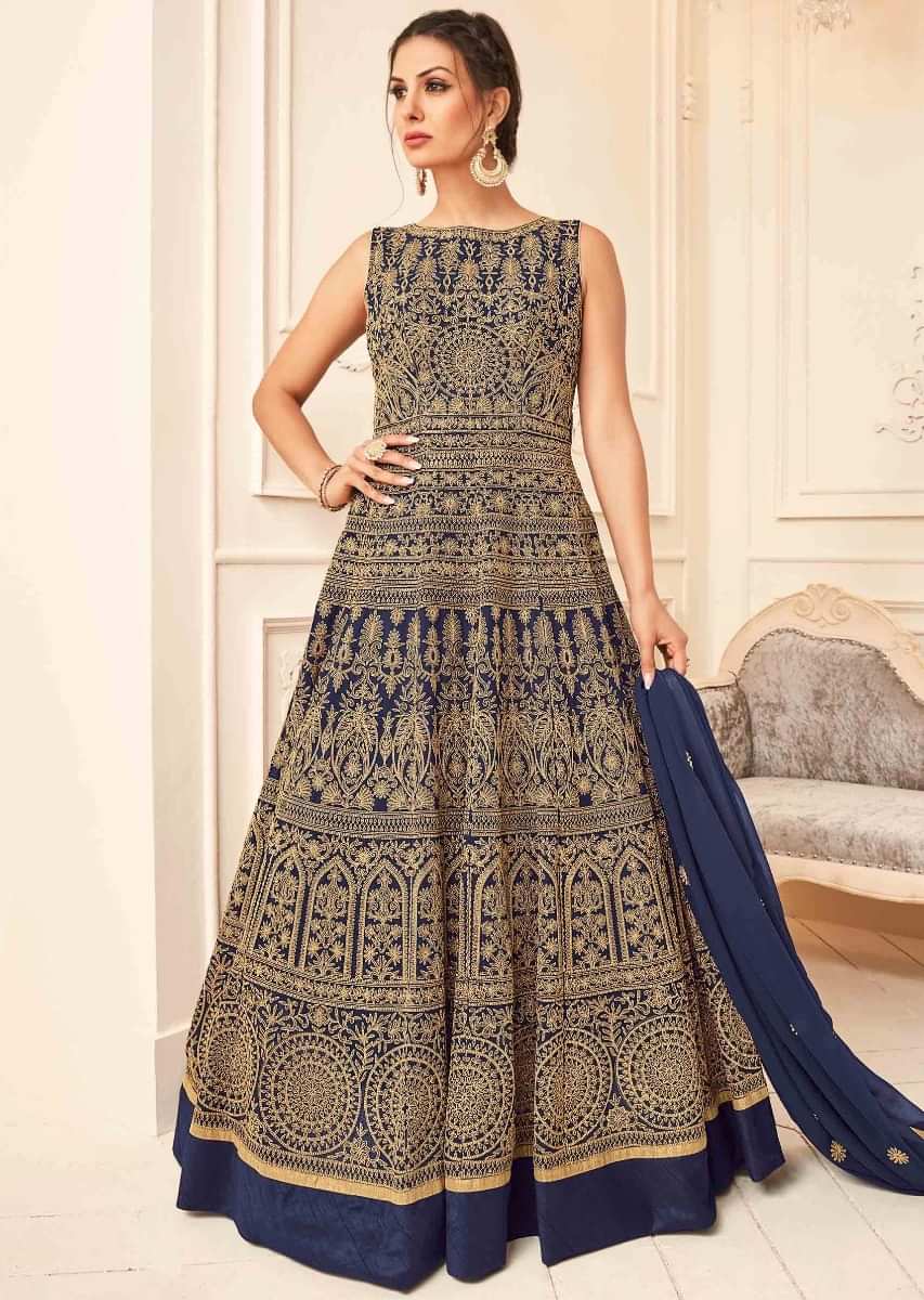 Navy blue anarkali suit in georgette with paisley motif work all over