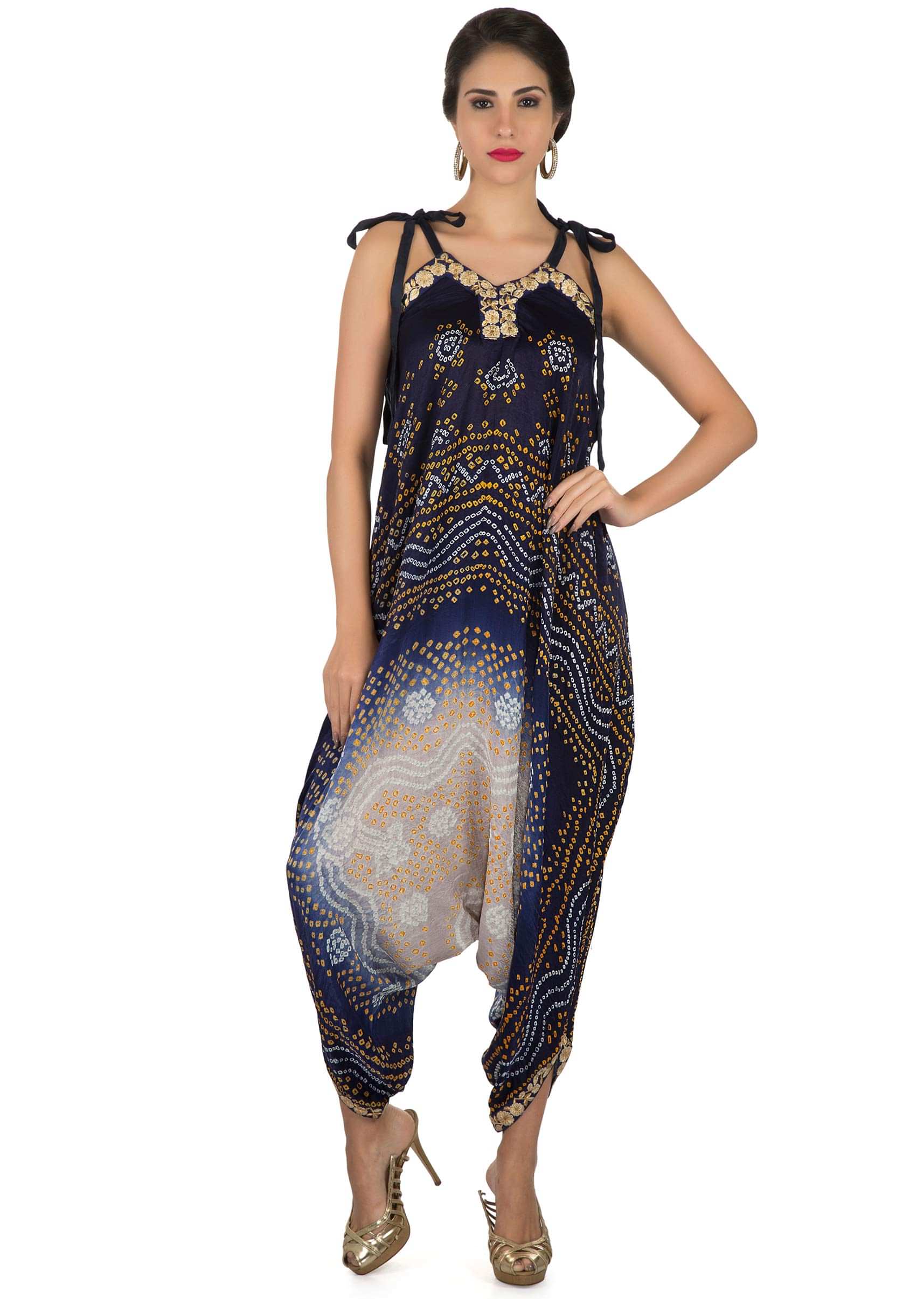 Navy blue and cream bandhani jumpsuit with shaded jacket only on Kalki