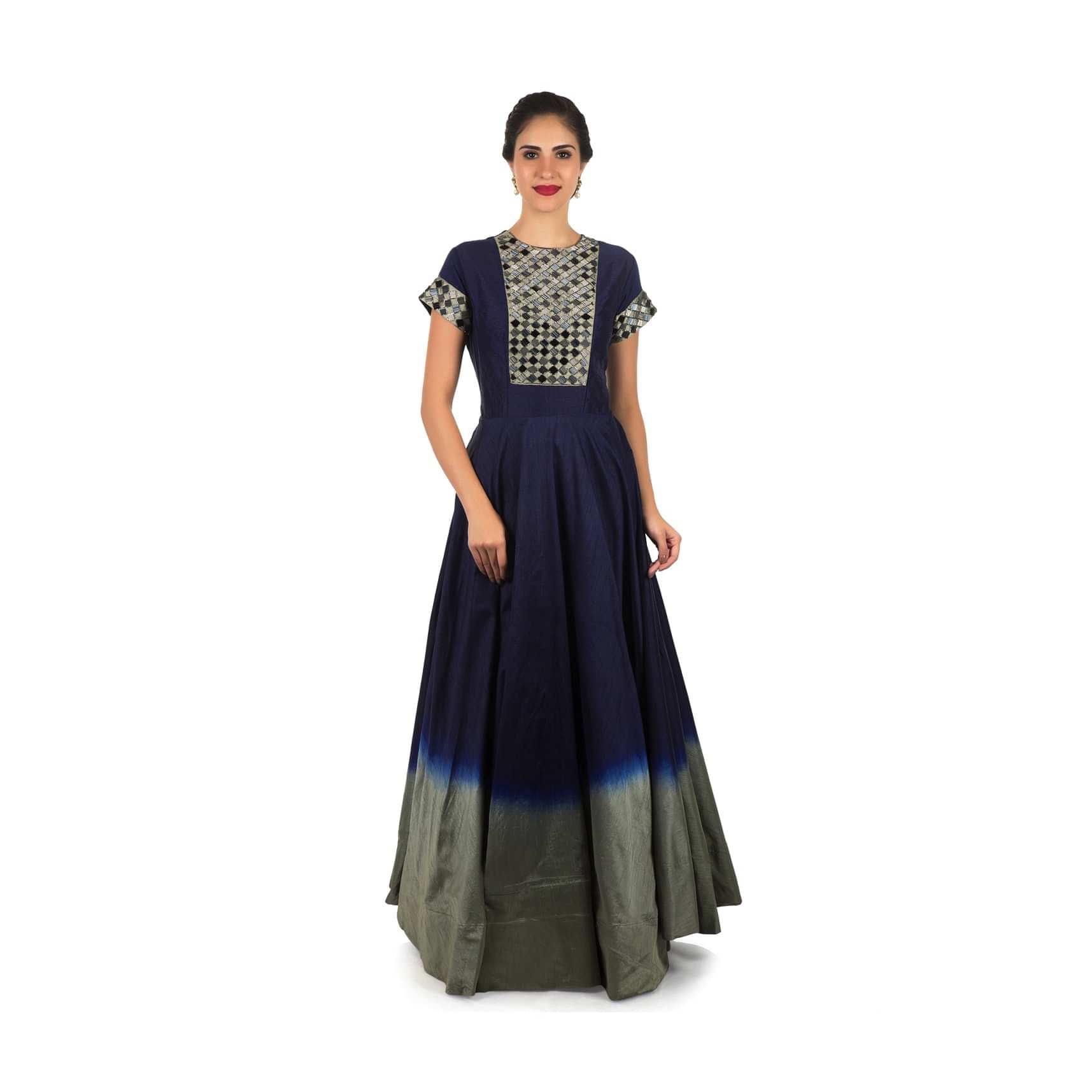 Navy blue and grey anarkali gown in cotton silk beautified in cut dana embroidery work only on Kalki