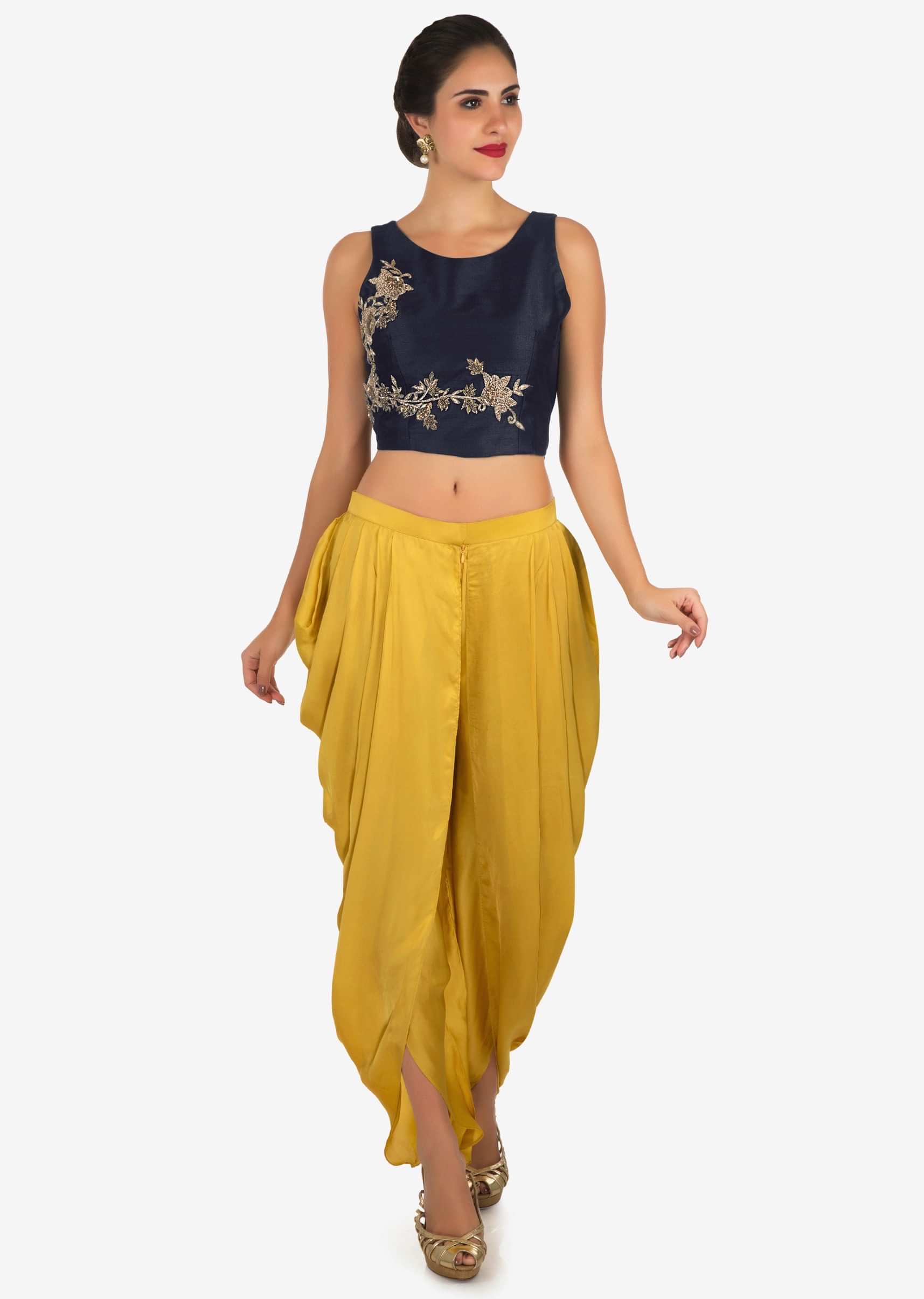 Navy blue and mustard dhoti suit enhanced in zardosi embroidered work only on Kalki