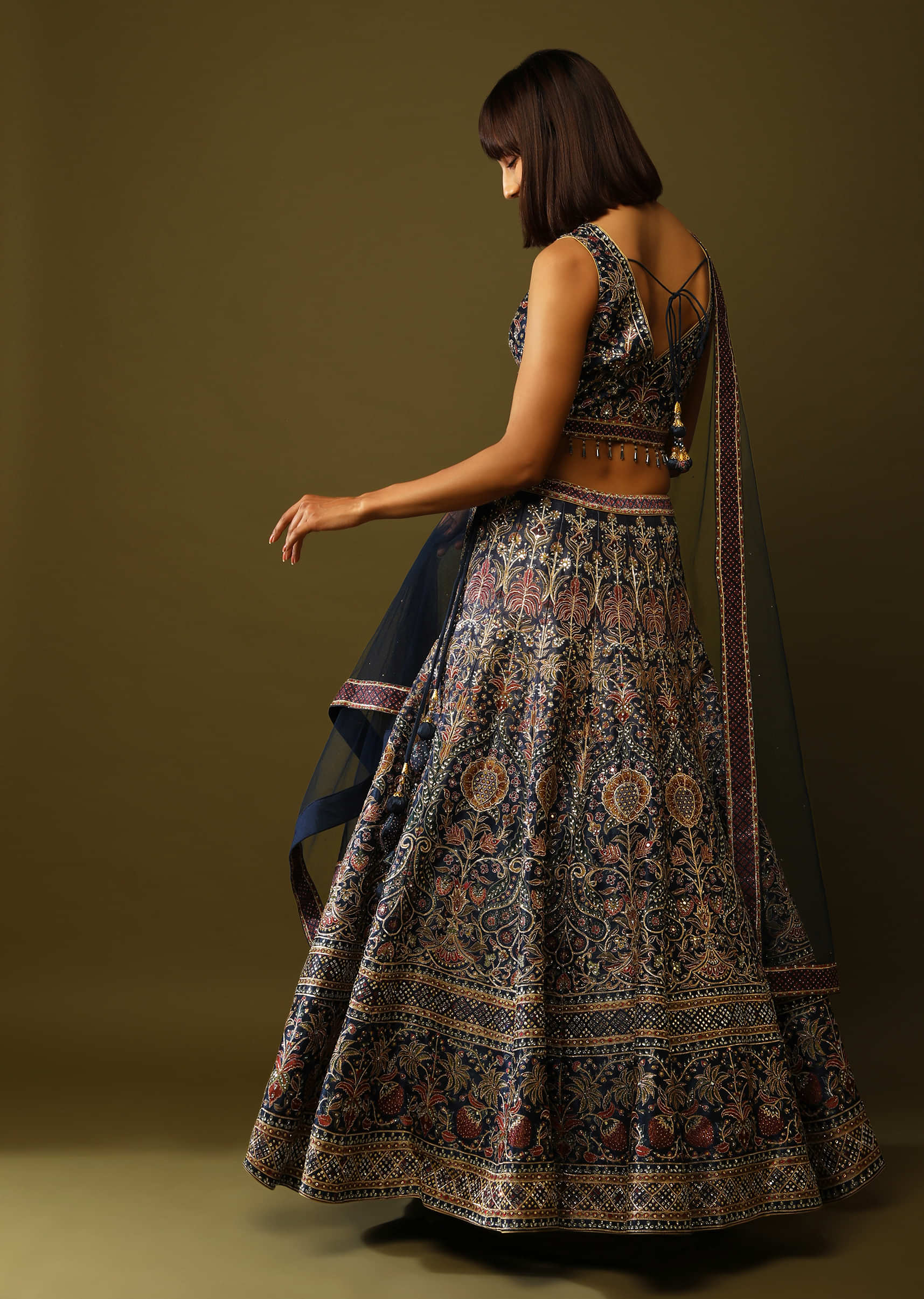 Navy Blue And Purple Shaded Lehenga Choli In Raw Silk With Floral Print And Mirror Work 