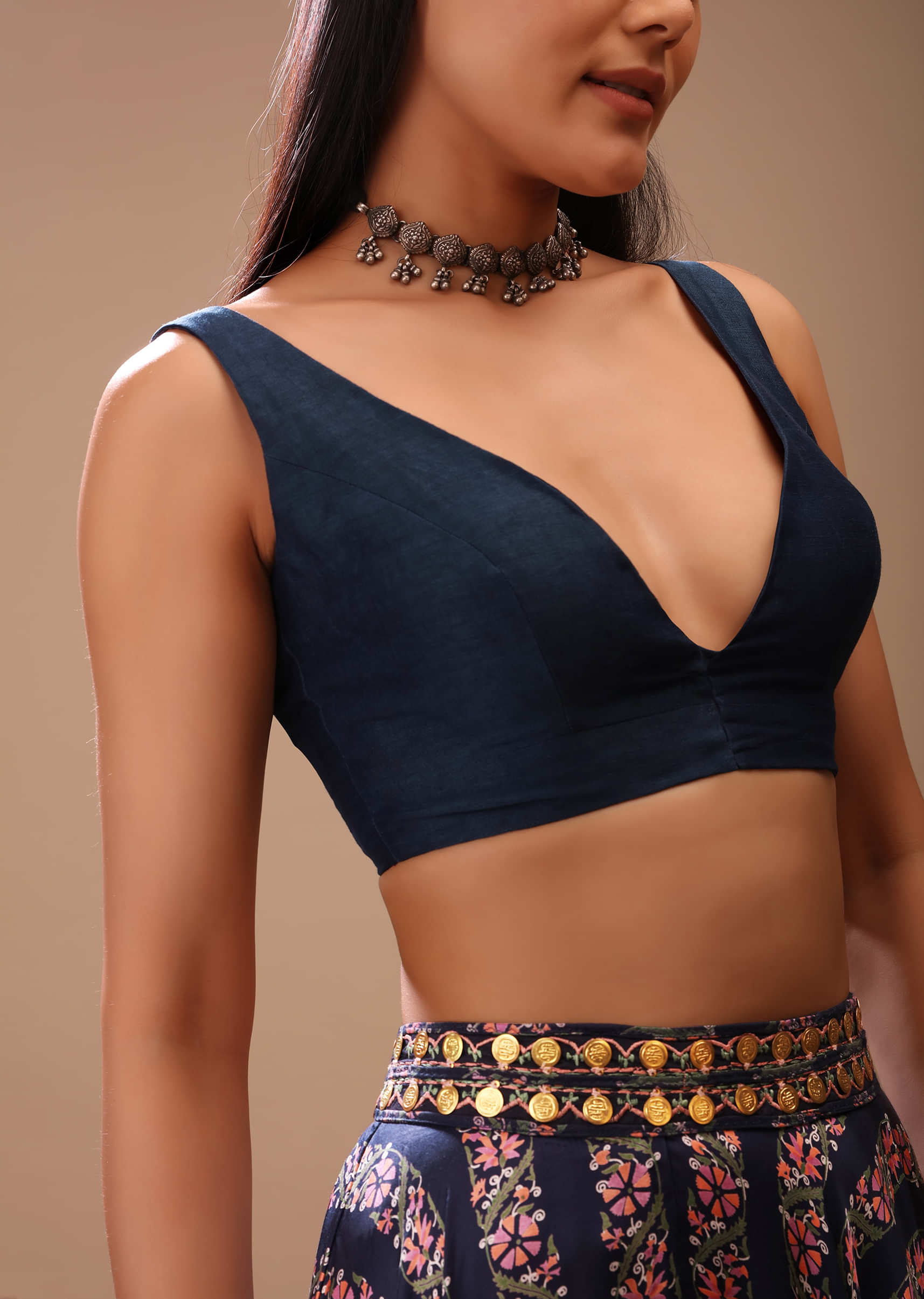Navy Blue Blouse In Tussar Silk With Plunging Neckline And Front Hook Closure