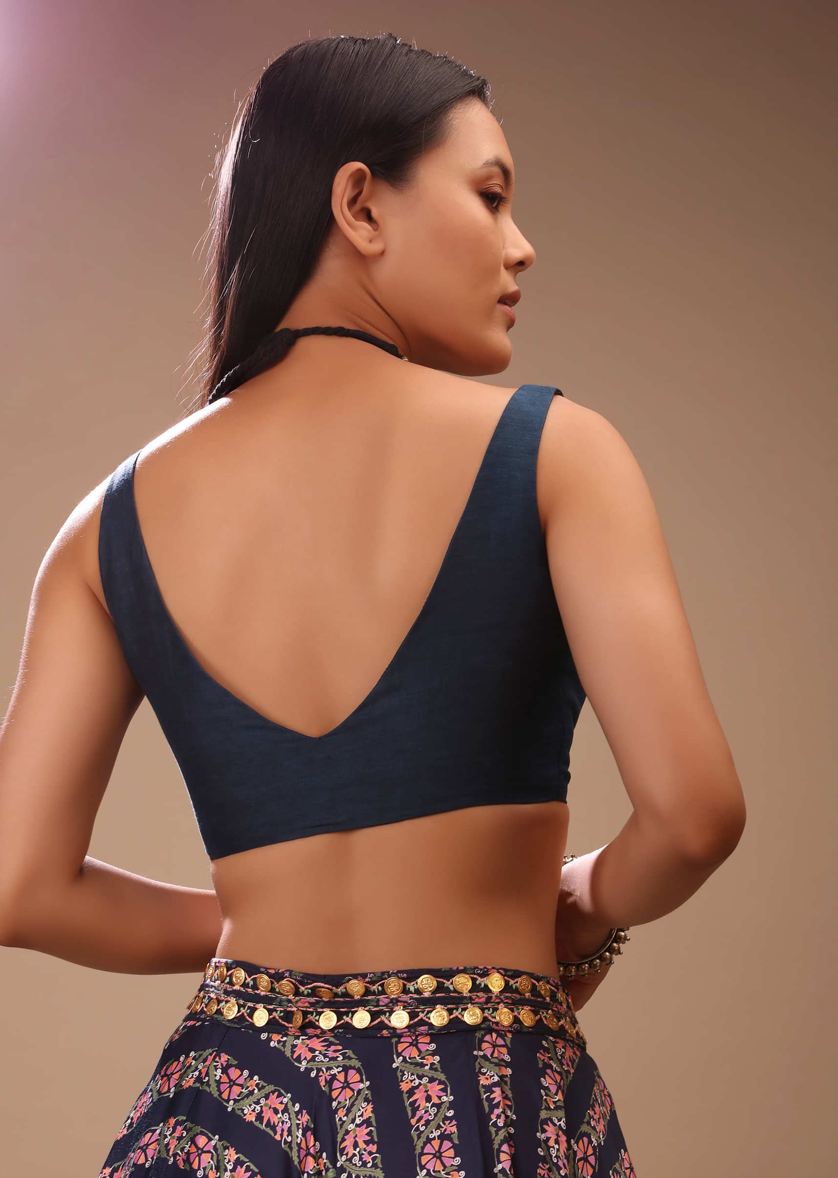 Navy Blue Blouse In Tussar Silk With Plunging Neckline And Front Hook Closure