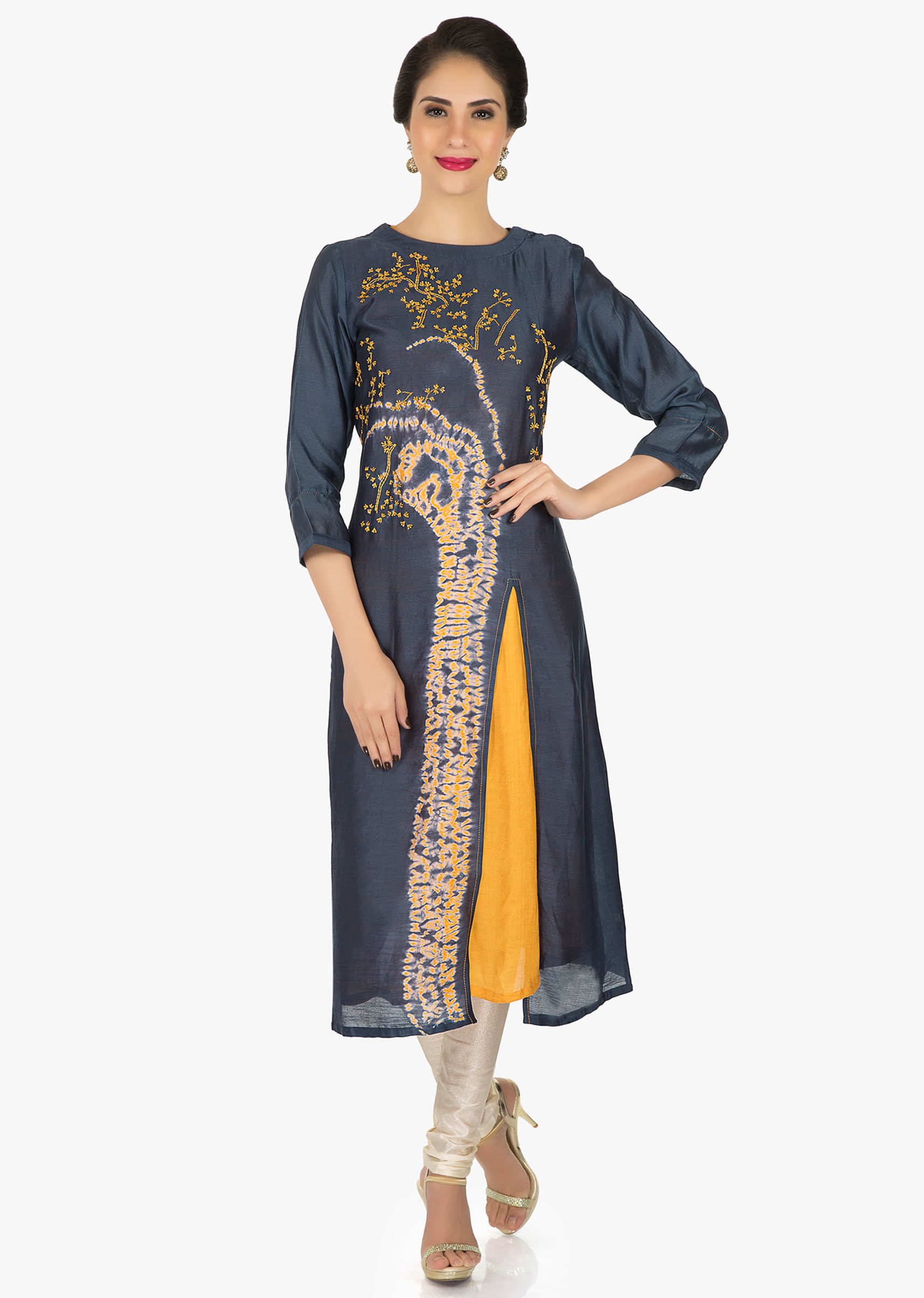 Navy blue cotton kurti featuring the thread work and bandhani print only on Kalki