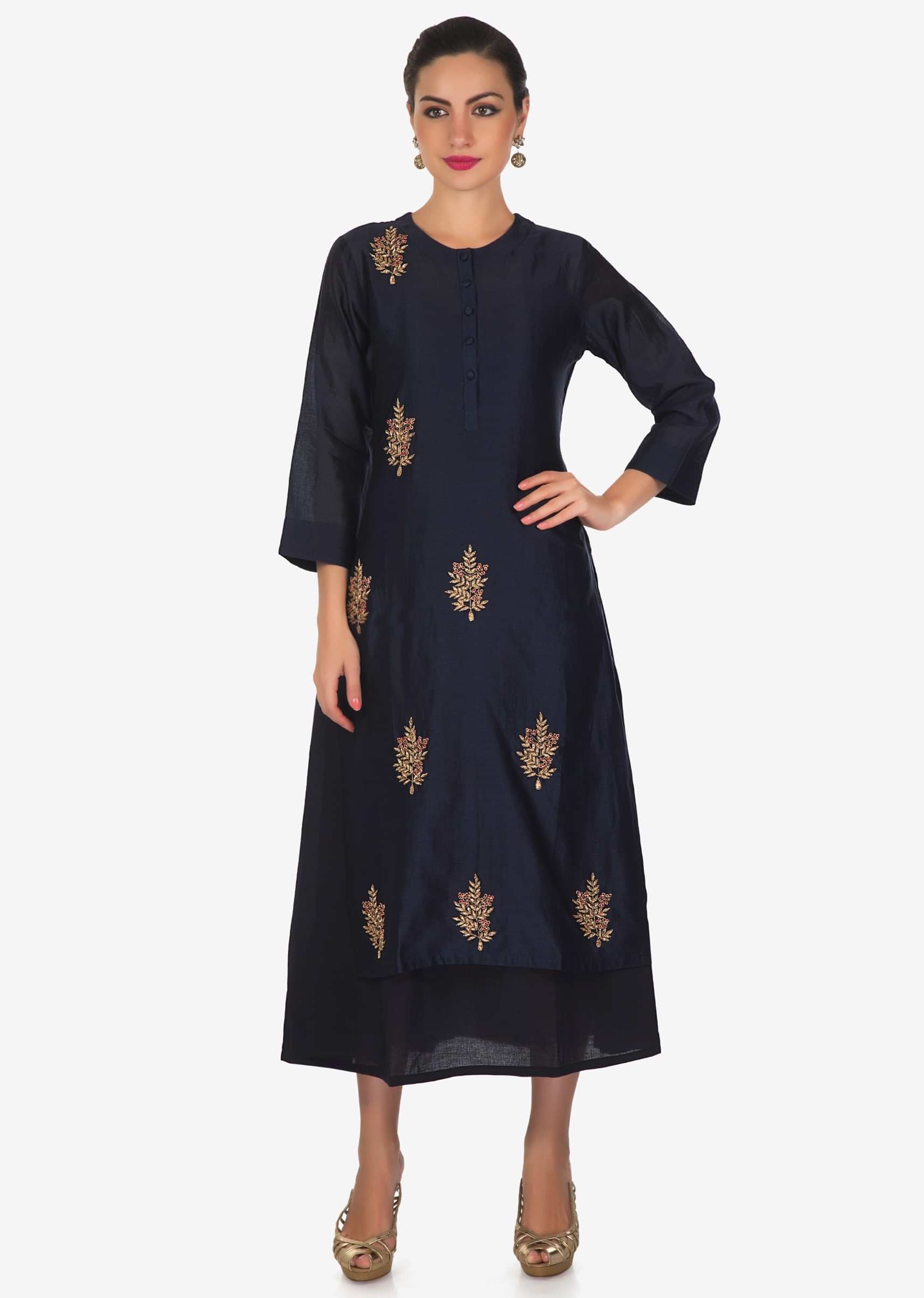 Navy blue double layer dress in cotton silk with in zardosi butti only on Kalki