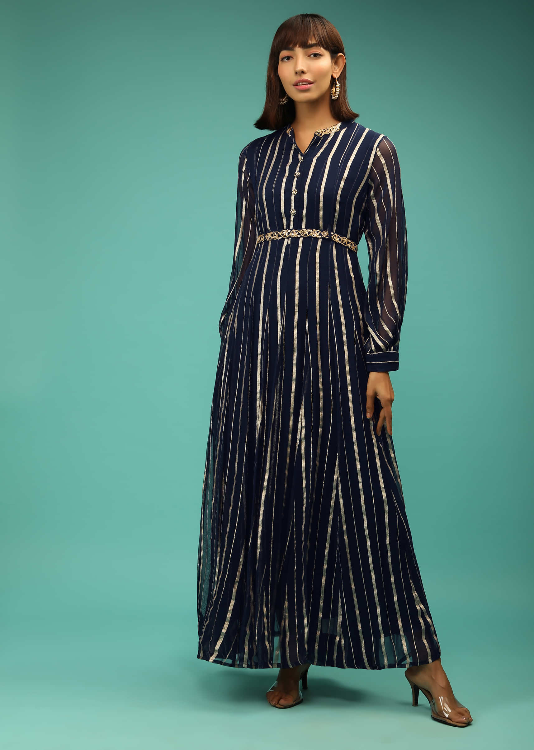 Navy Blue Dress In Georgette With Lurex Stripes And Embroidered Belt 