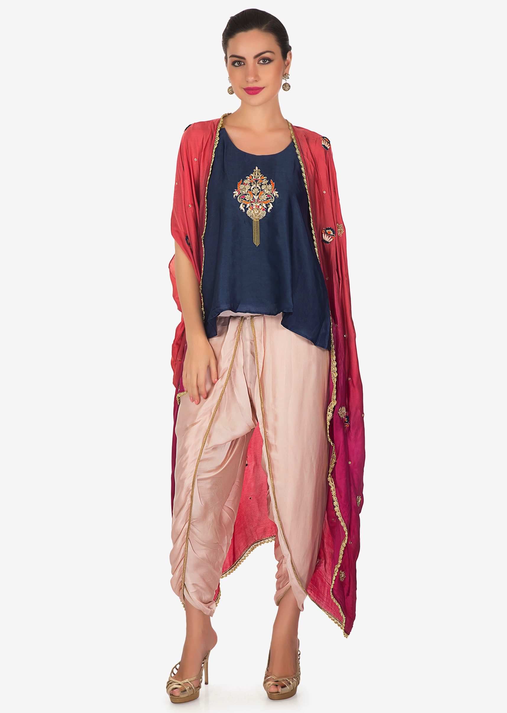 Navy blue embroidered top matched with fancy pants and shaded jacket only on Kalki
