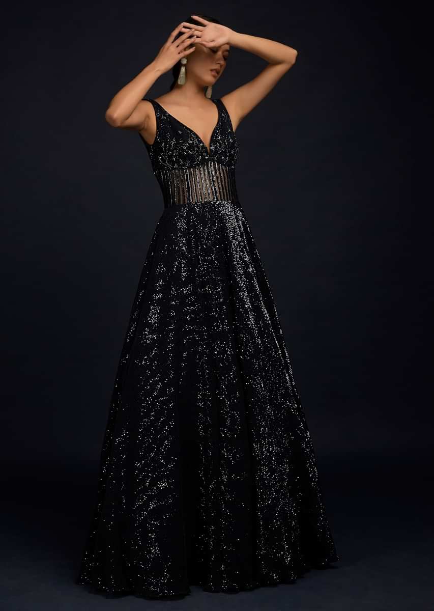 Navy Blue Strappy-Back Long Sequin Prom Dress Navy Blue / 12