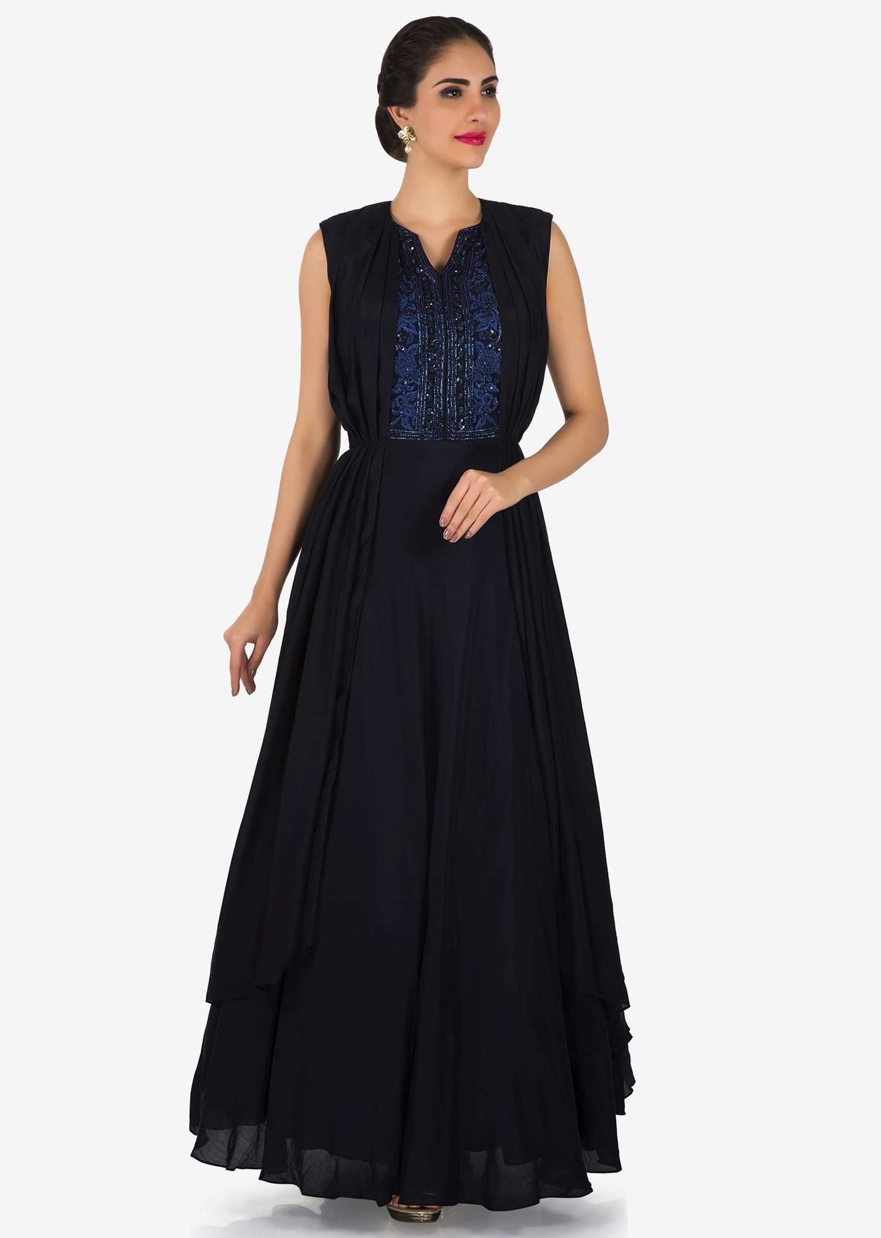 Navy Blue Gown In Silk Adorn In Pleats And Embroidered Placket Online - Kalki Fashion