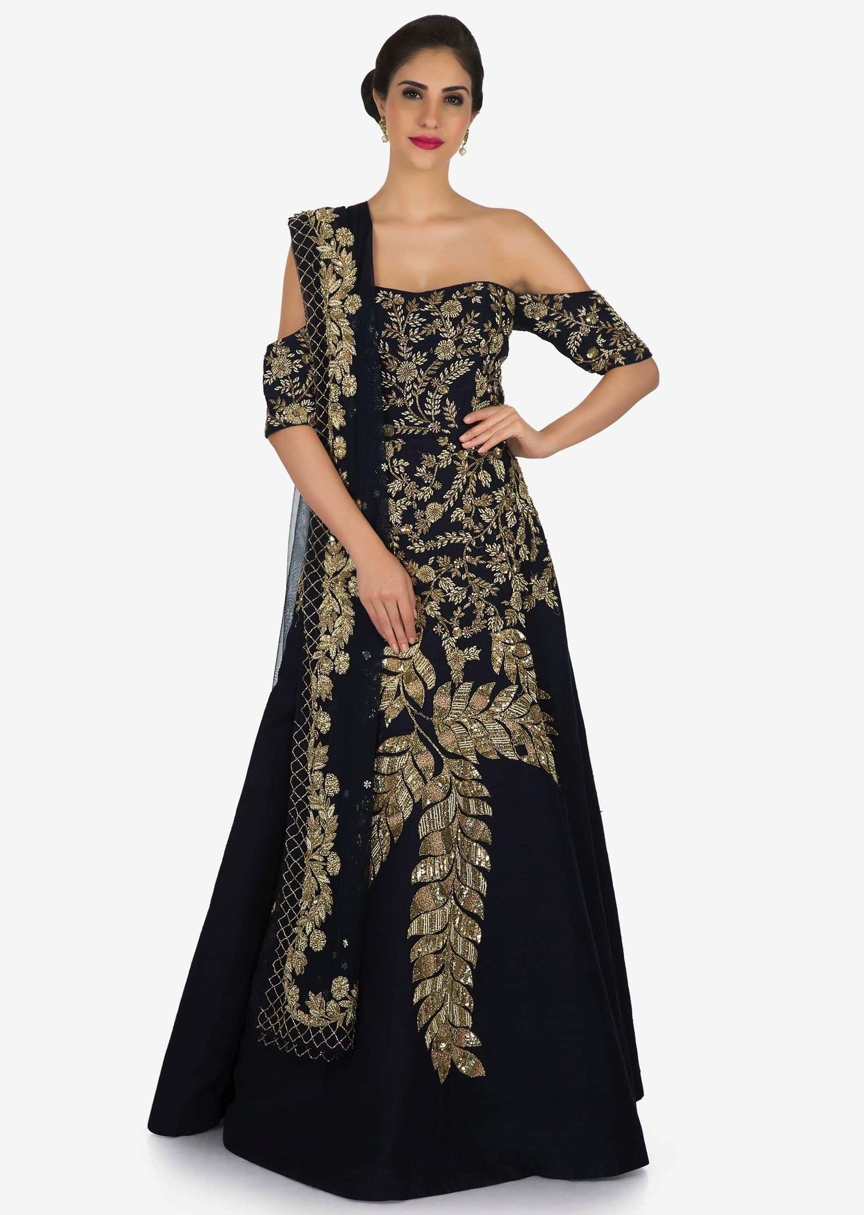 Navy blue gown suit embroidered with cut dana and sequin embroidery work only on Kalki
