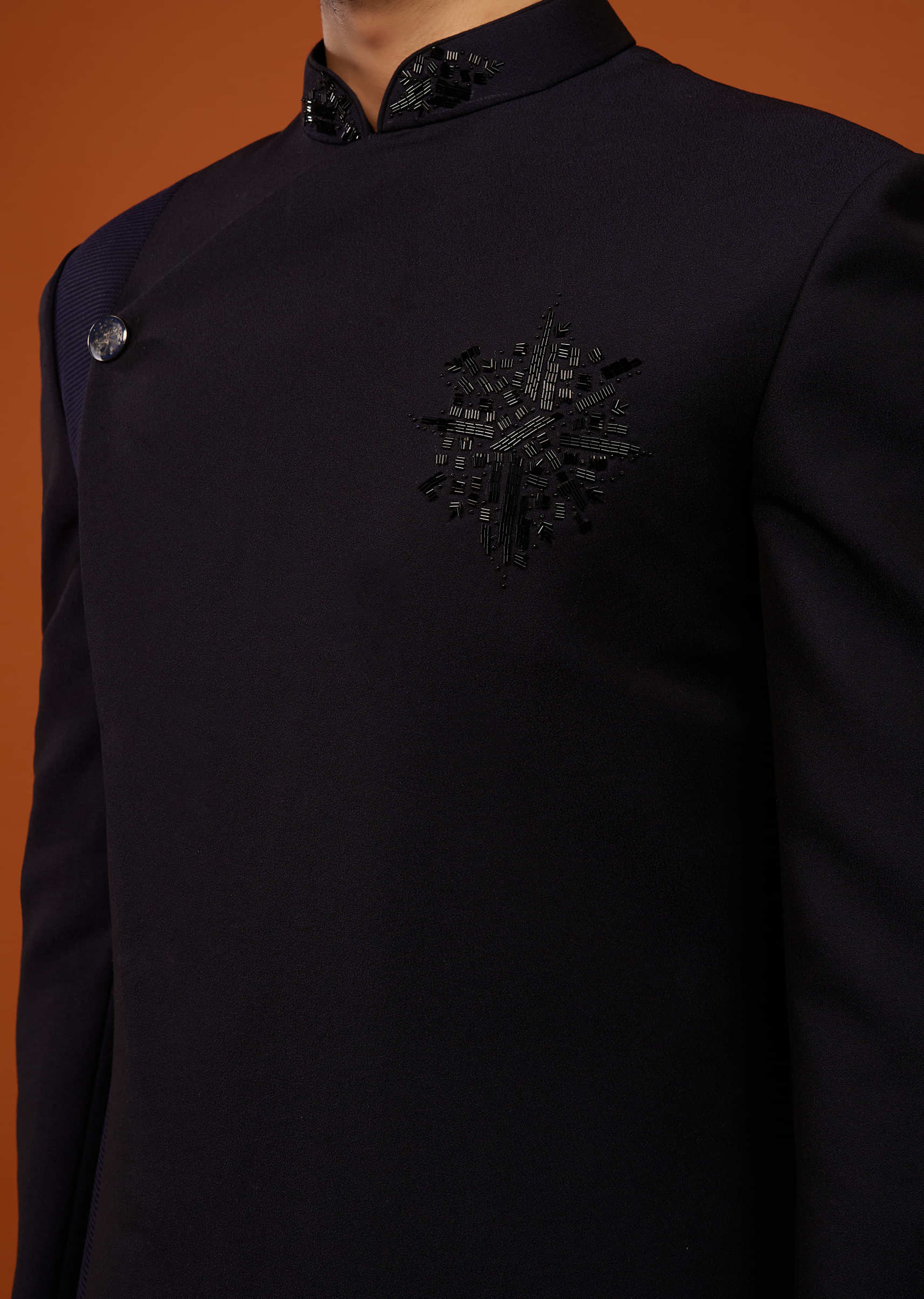 Navy Blue Indo-Western Embroidered Sherwani Set In Imported Suiting Fabric