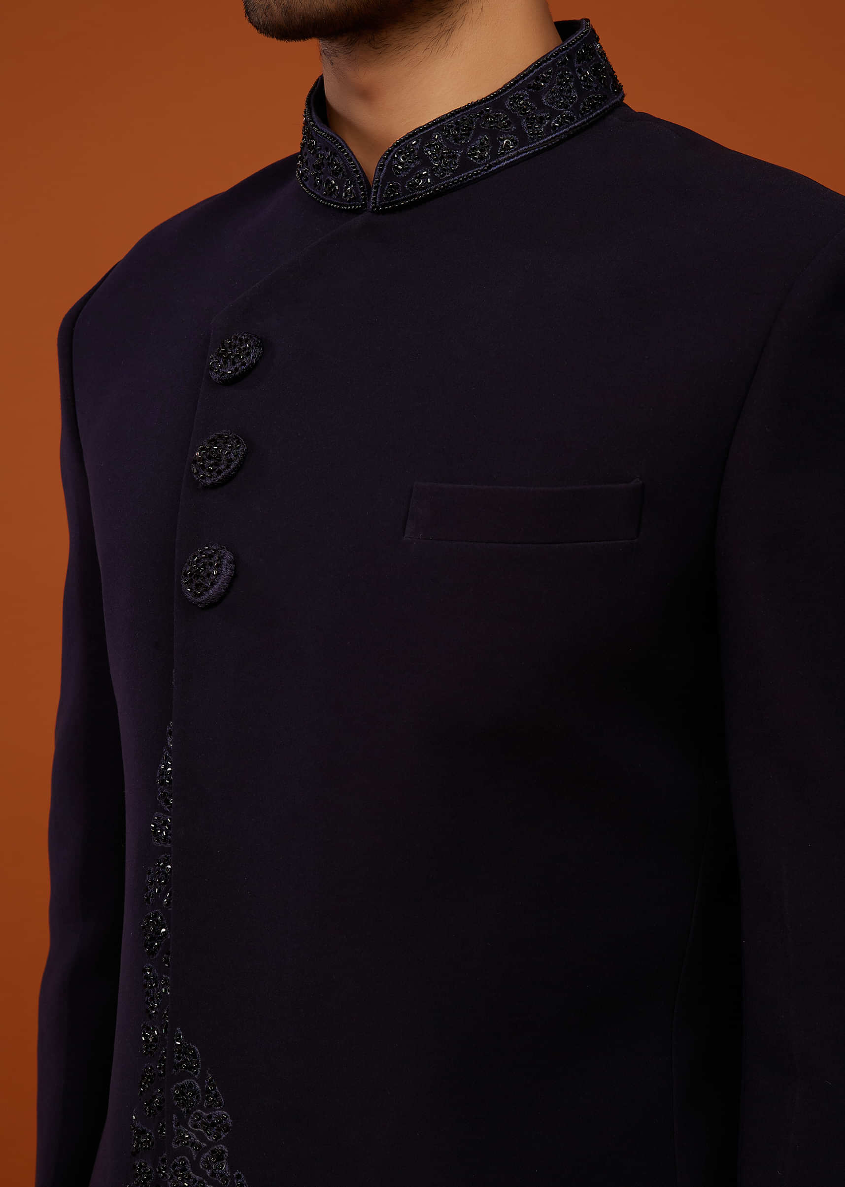Navy Blue Indo-Western Sherwani Set Embroidered In Imported Suiting Fabric