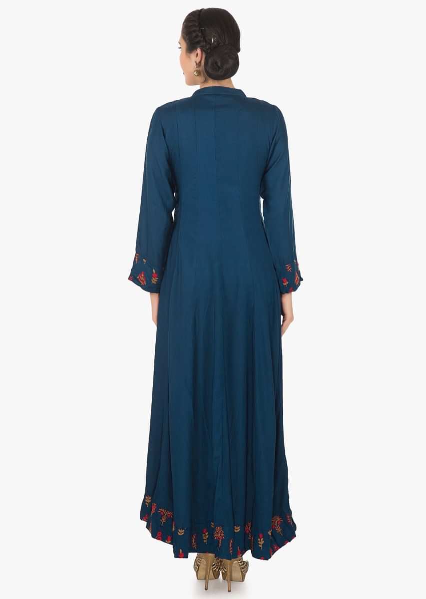 Navy Blue Long Dress In Cotton With Resham Embroidered Butti In Floral Motif Online - Kalki Fashion
