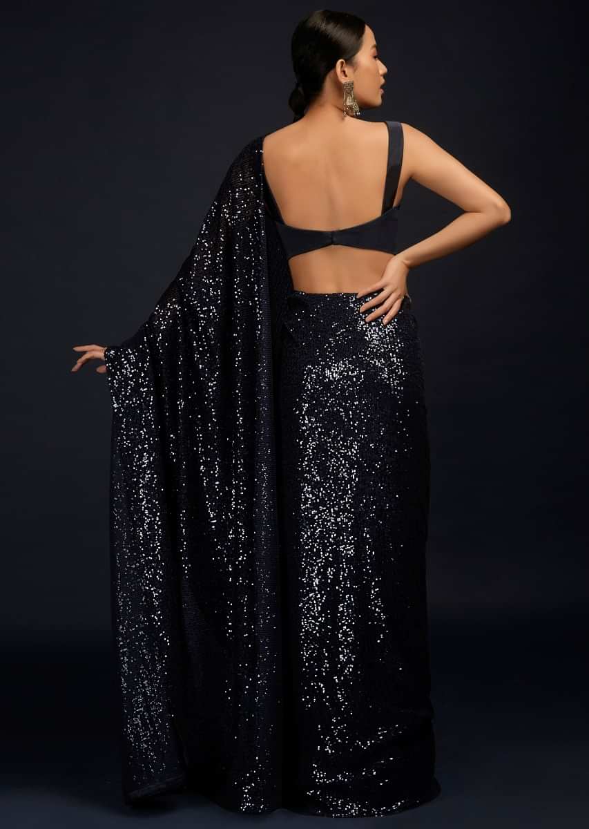 Navy Blue Ready Pleated Saree Embellished In Sequins And Matching Milano Blouse With Sweetheart Neckline