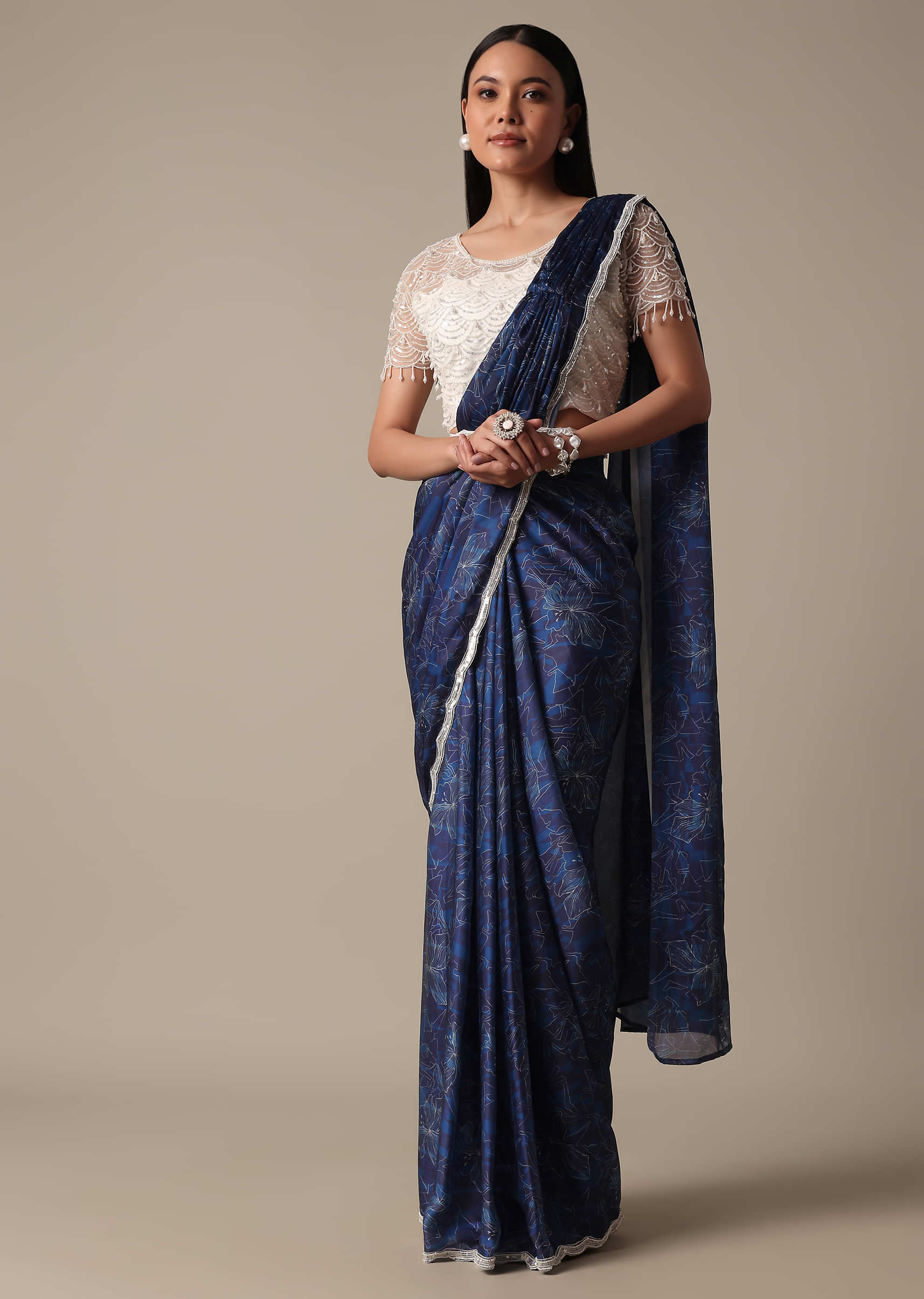 Buy Fog Grey Ready-To-Wear Sequins Saree With Lycra Blouse And