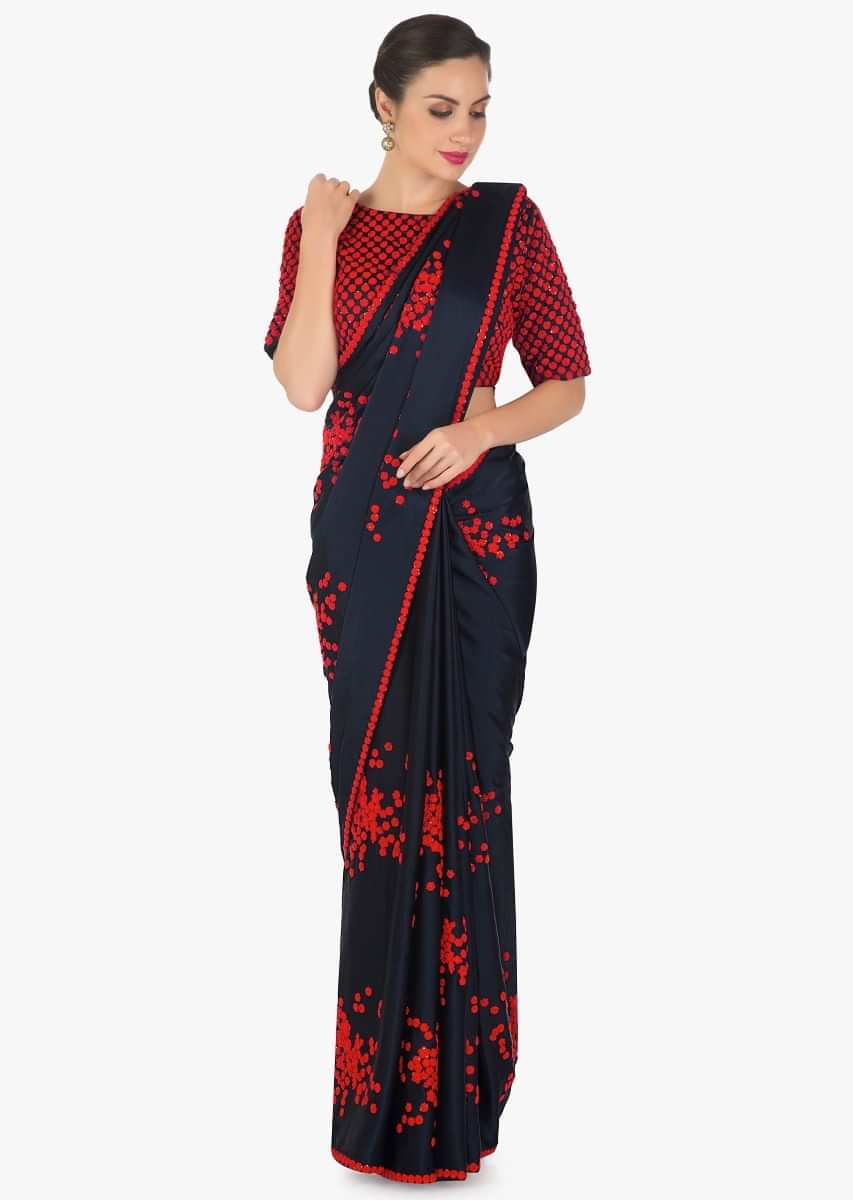 Navy Blue Saree In Satin With Ready Blouse In Red Thread Work Online - Kalki Fashion