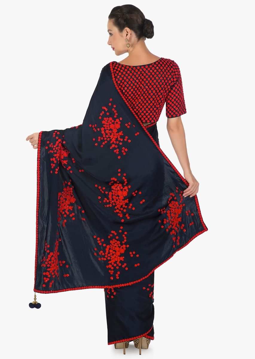 Navy Blue Saree In Satin With Ready Blouse In Red Thread Work Online - Kalki Fashion