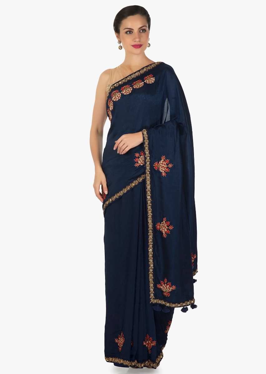 Navy blue saree in silk with resham and zardosi embroidered butti and border only on Kalki