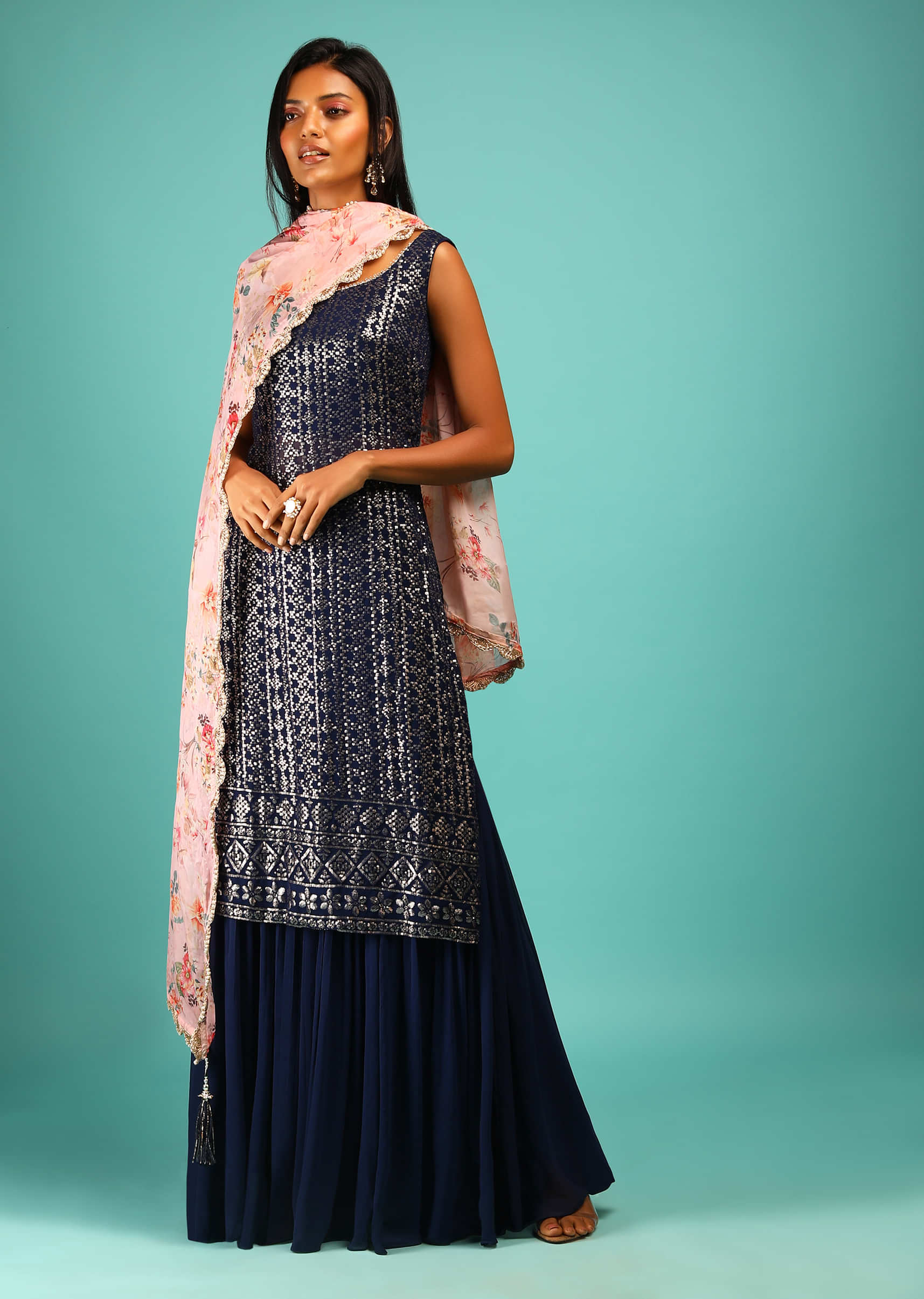 Navy Blue Sharara Suit In Georgette With Golden Sequins Embroidery And Blush Pink Floral Printed Dupatta