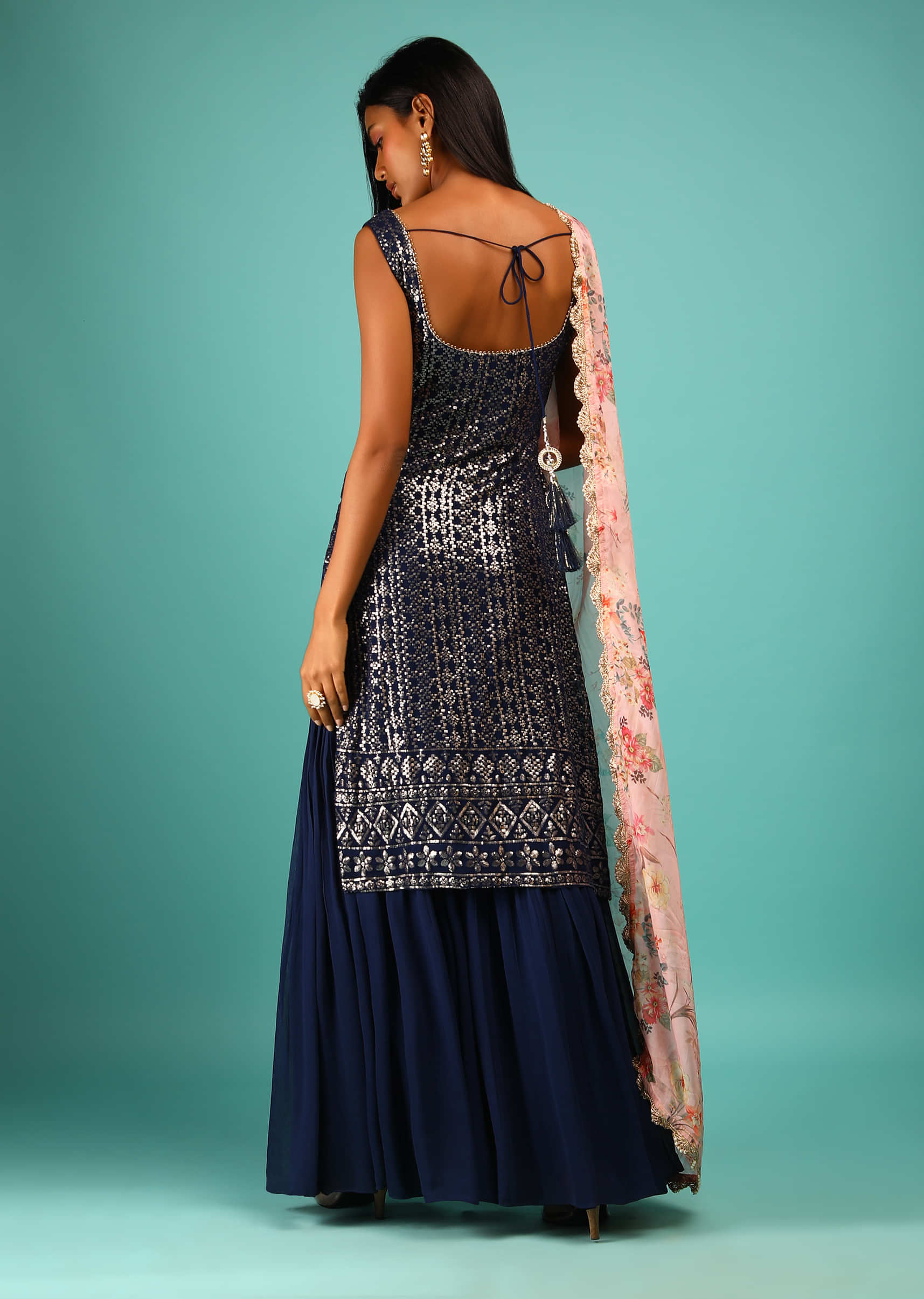 Navy Blue Sharara Suit In Georgette With Golden Sequins Embroidery And Blush Pink Floral Printed Dupatta