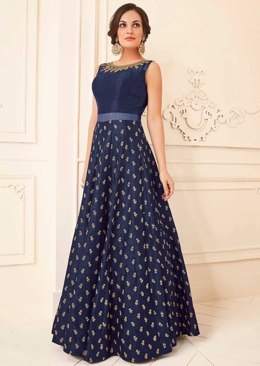 Navy blue silk anarkali suit with adorn in kundan and zari embroidery 